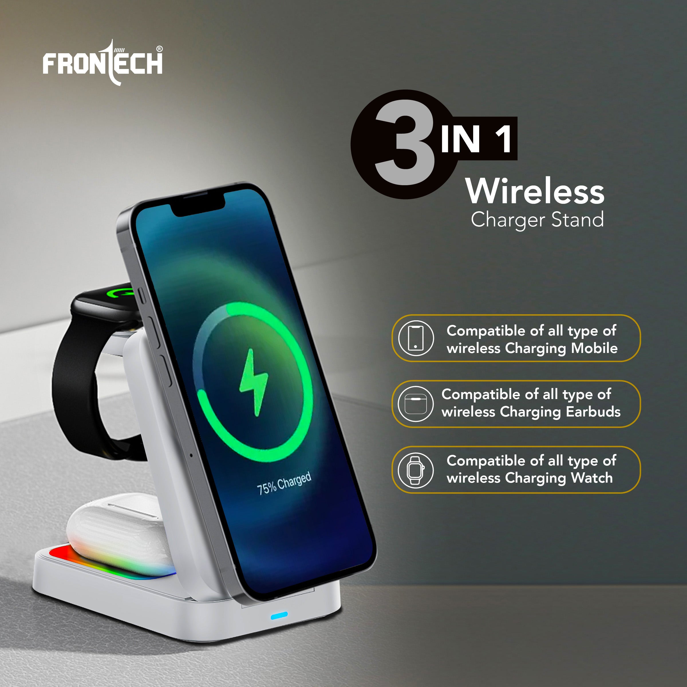 Frontech Magnetic Mobile Holder 3-in-1 – Adjustable Angle, RGB Light Effect, ABS & Silicone, Foldable Design, Black (CCH-0017W)