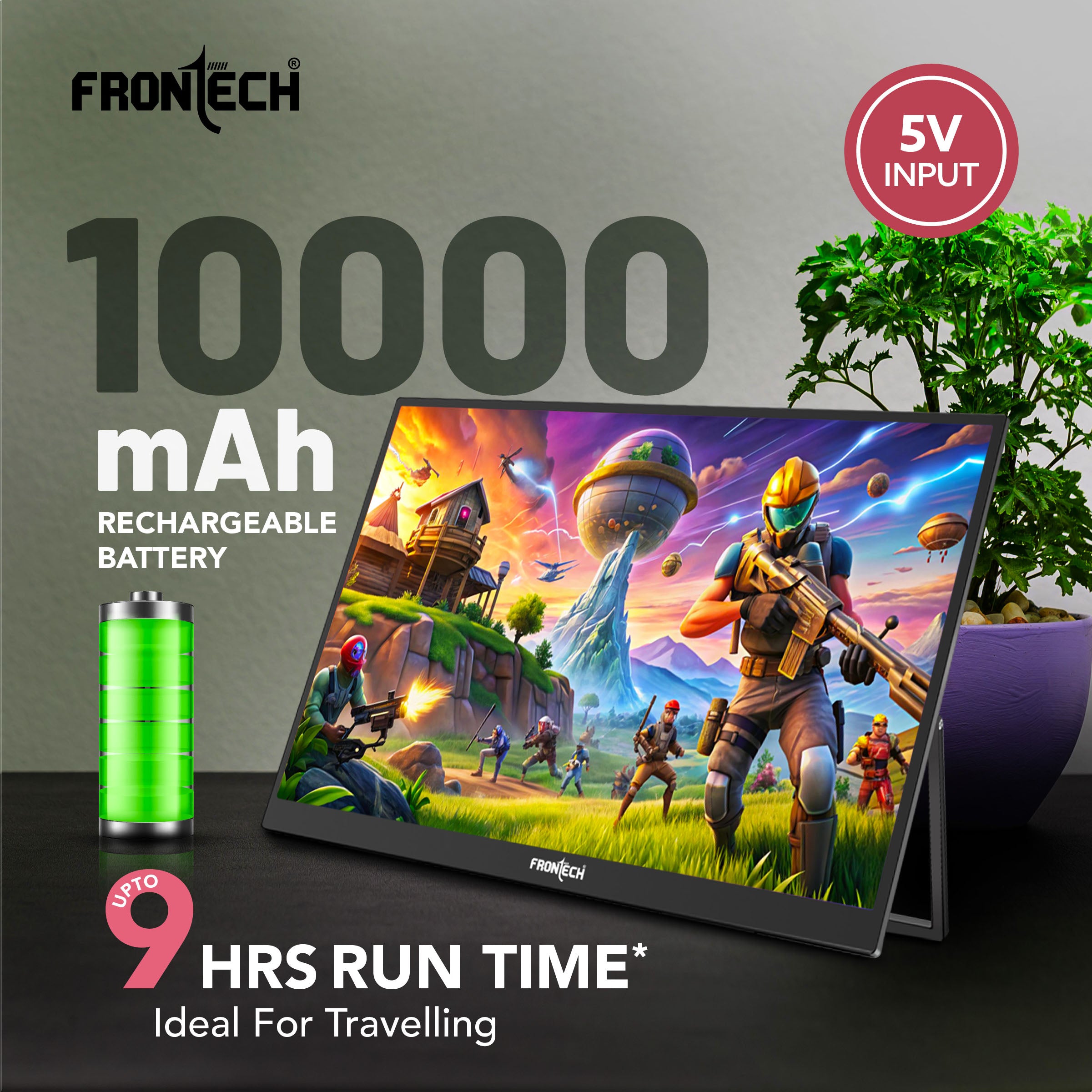 Frontech 15.6 inch Portable LED Monitor |60Hz| 1920x1080|10000mAh Rechargeable Battery| Mini HDMI| Built-in Speaker |IPS Panel | 1 Year Warranty
