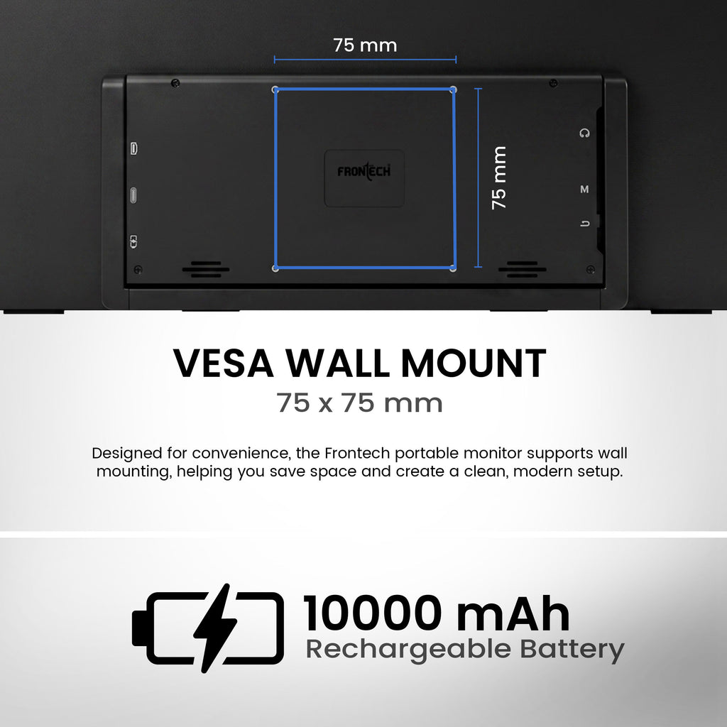 Frontech 15.6 inch Portable LED Monitor |60Hz| 1920x1080|10000mAh Rechargeable Battery| Mini HDMI| Built-in Speaker |IPS Panel | 1 Year Warranty