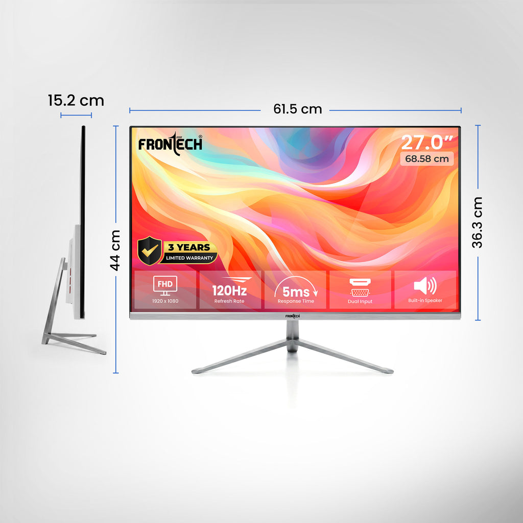 Frontech 27 inch LED Monitor | 120Hz | 1920x1080 | Wall Mountable | HDMI & VGA | 5ms Response Time | Built-in Speakers | Ultima Series | 3 Years Warranty