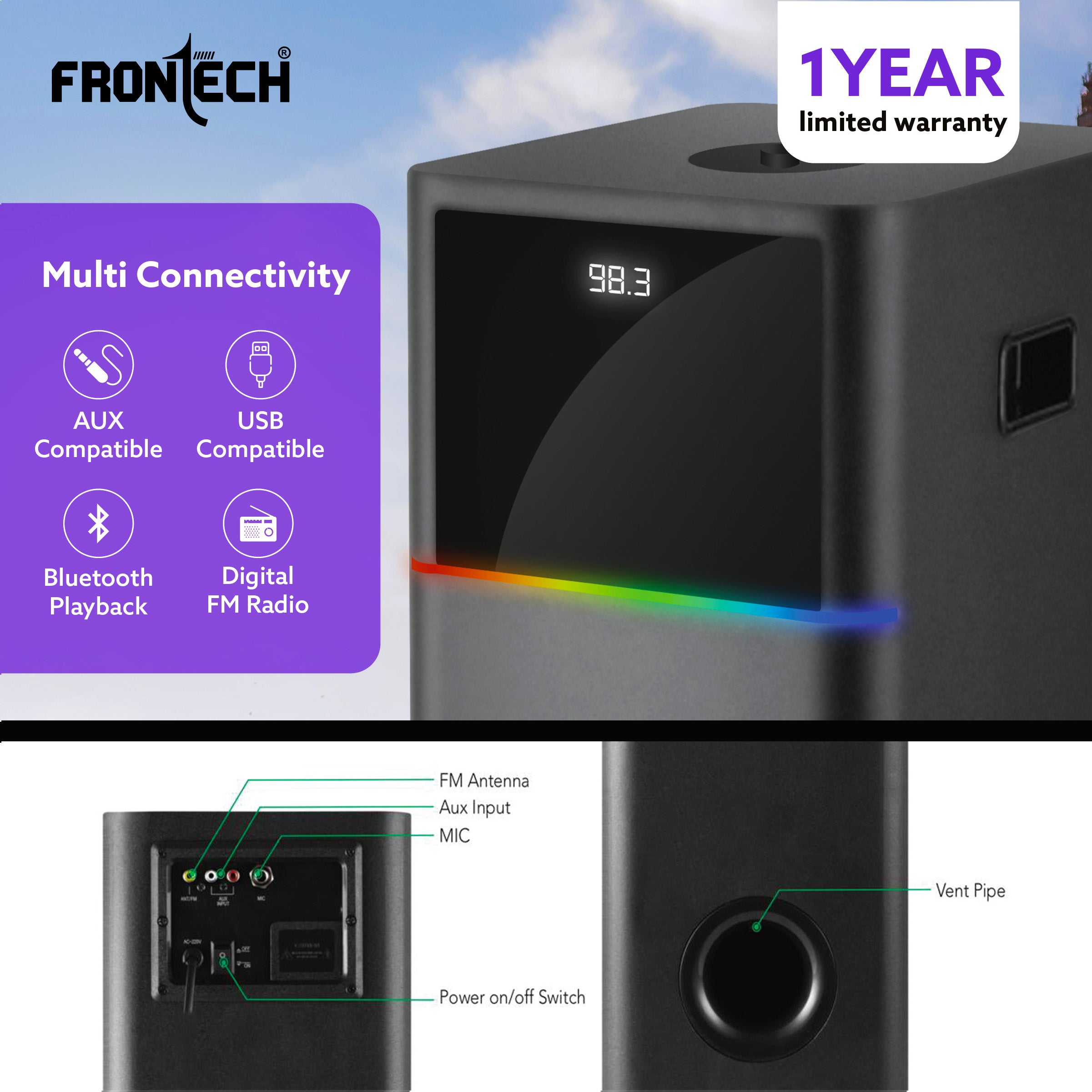 Frontech CRUX-168 Multimedia Tower Speaker | 90W Output | In-Built FM | USB/BT/AUX/MIC Support (SW-0168)