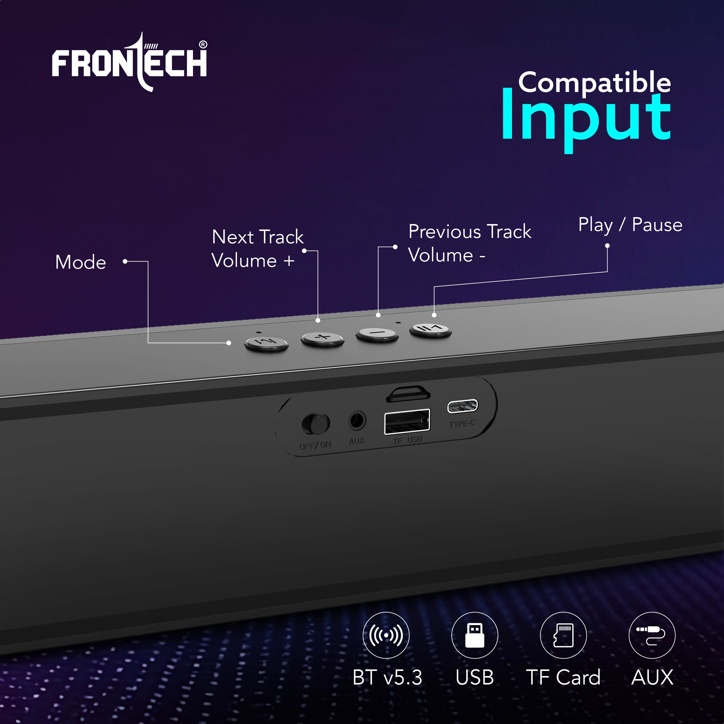 Frontech ECHOLITE-264 Mini Soundbar | 25W Bluetooth Speaker | RGB Lighting | TWS | 2000mAh Battery | BT v5.3 | USB/TF/AUX | Type-C | Compact Speaker | 1-Year Warranty (SW-0264)