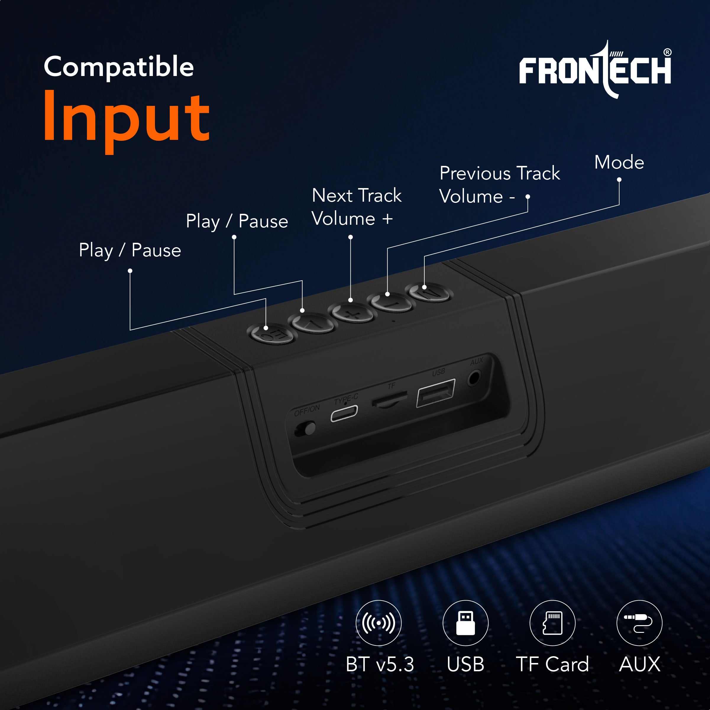 Frontech ECHOLITE-270 Mini Soundbar | 30W Powerful Stereo | RGB Lighting | BT v5.3 | TWS | 2000mAh Battery | 1-Year Warranty (SW-0270)