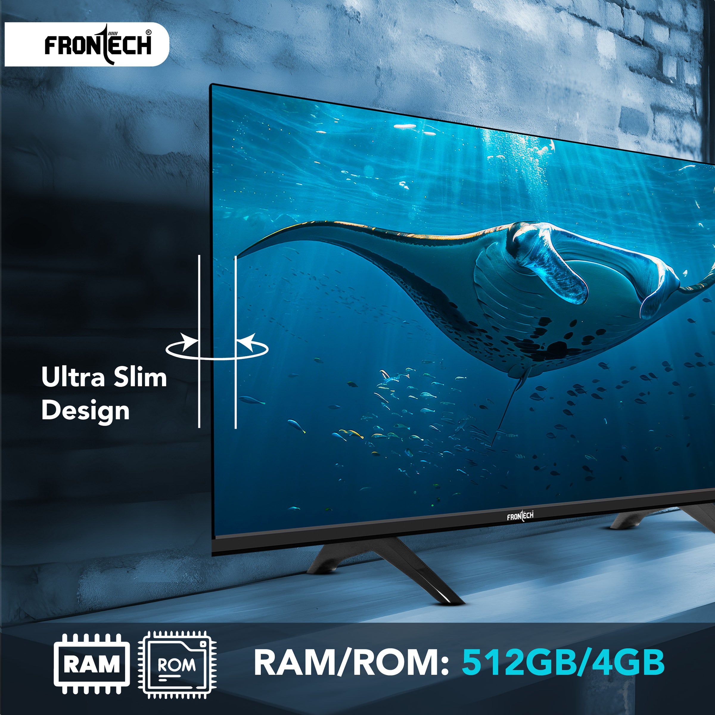 Frontech 32-inch Smart TV: HD, Dynamic Sound, WiFi, Ultra Slim, 512GB/4GB Memory, IR Remote, and Major OTT Access. (No Installation)