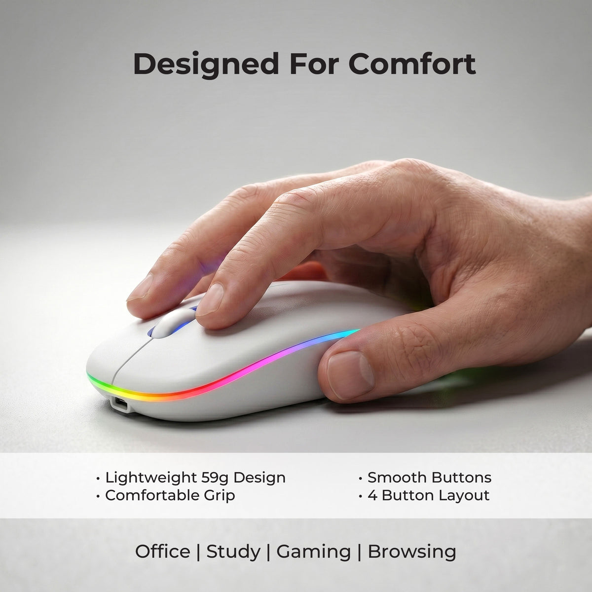Frontech white wireless mouse with RGB lighting