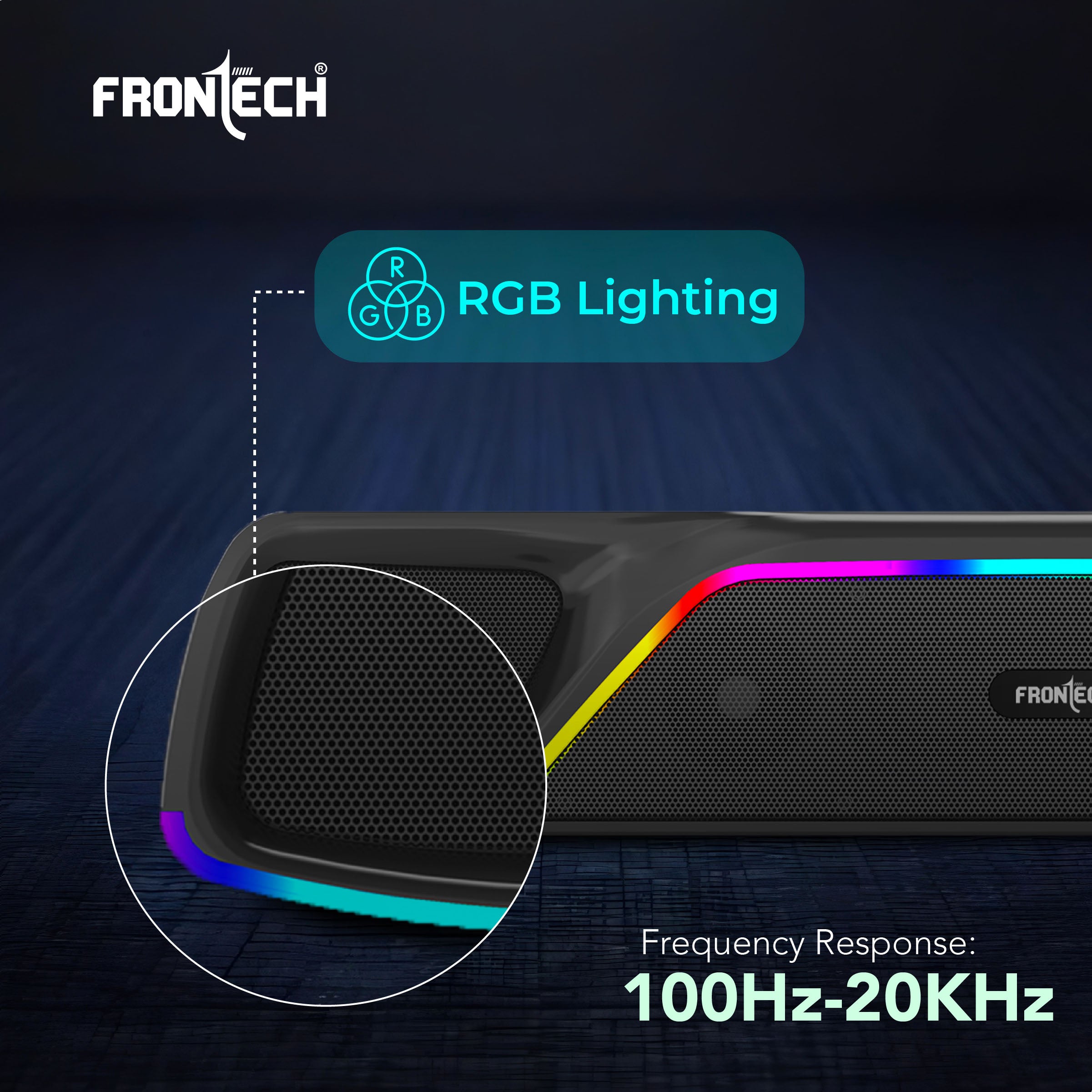 Frontech ECHOLITE-264 Mini Soundbar | 25W Bluetooth Speaker | RGB Lighting | TWS | 2000mAh Battery | BT v5.3 | USB/TF/AUX | Type-C | Compact Speaker | 1-Year Warranty (SW-0264)