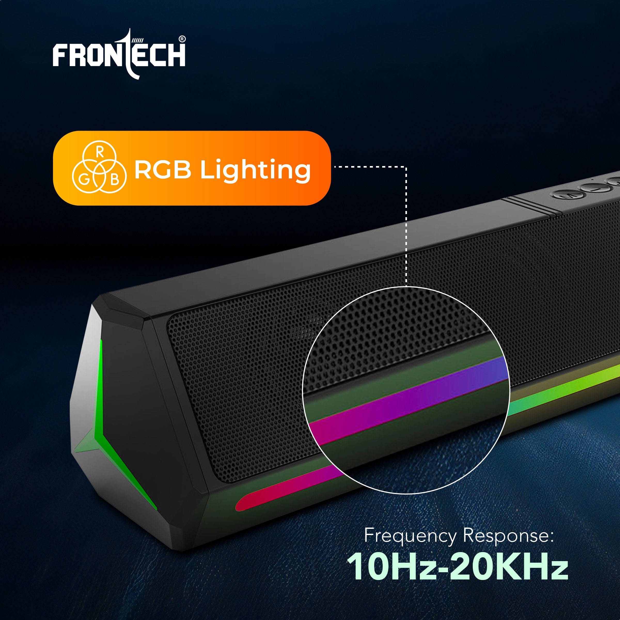 Frontech ECHOLITE-270 Mini Soundbar | 30W Powerful Stereo | RGB Lighting | BT v5.3 | TWS | 2000mAh Battery | 1-Year Warranty (SW-0270)