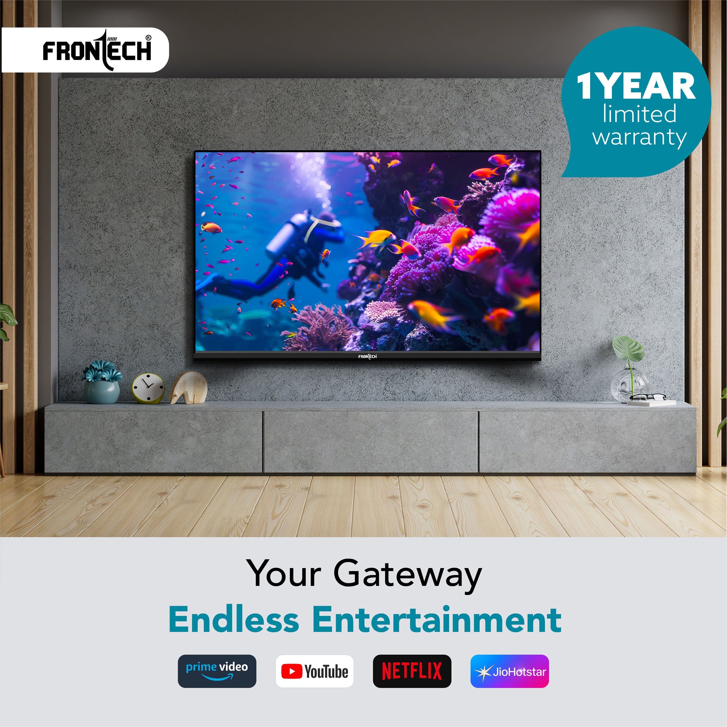 Frontech 32-inch Smart TV: HD, Dynamic Sound, WiFi, Ultra Slim, 512GB/4GB Memory, IR Remote, and Major OTT Access. (No Installation)