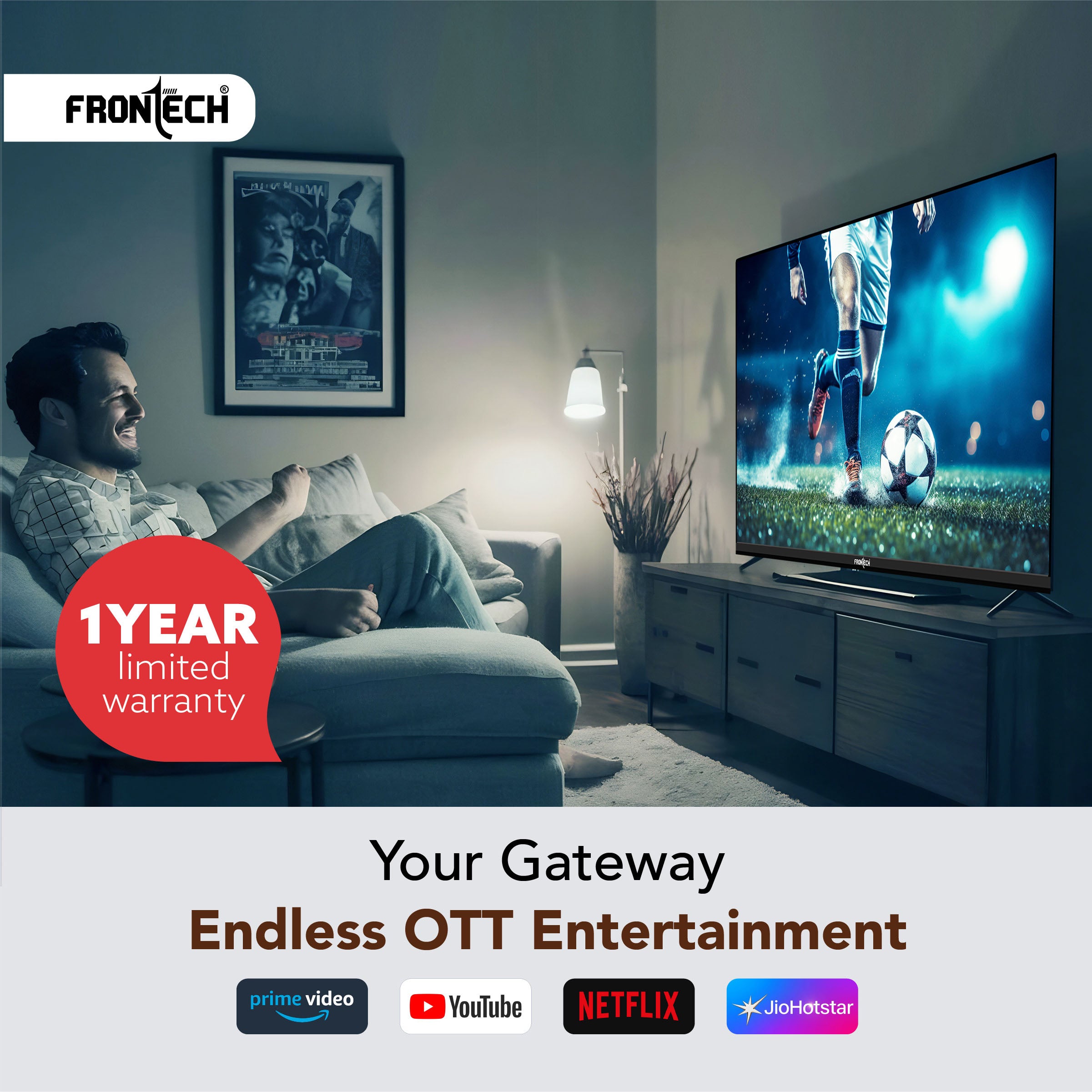 Frontech 43-inch Smart TV: Full HD, Dynamic Sound, Cloud OS, and OTT Apps – (No Installation)