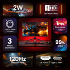 FRONTECH 27 Inch FHD Gaming Monitor, 1920 x 1080 IPS Panel, 120Hz Refresh Rate, 1ms Response Time, 99% sRGB, HDMI, USB Type-C 65W Charging, Built-in Speakers, FreeSync, 3 Years Warranty (MON-0052PD)