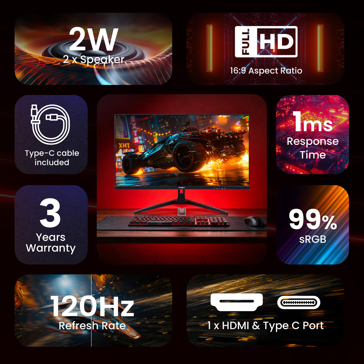 FRONTECH 27 Inch FHD Gaming Monitor, 1920 x 1080 IPS Panel, 120Hz Refresh Rate, 1ms Response Time, 99% sRGB, HDMI, USB Type-C 65W Charging, Built-in Speakers, FreeSync, 3 Years Warranty (MON-0052PD)