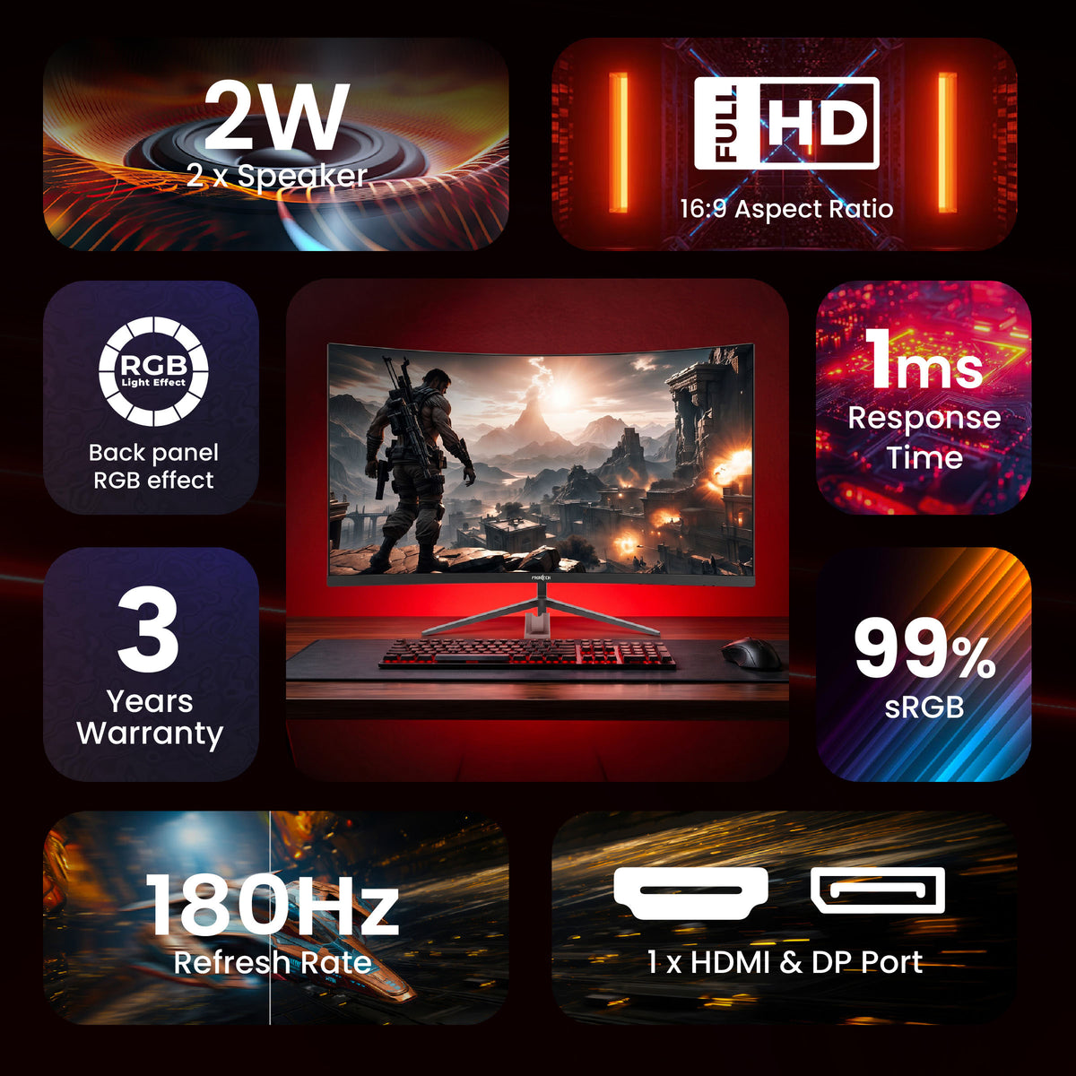 FRONTECH 27 Inch Curved Gaming Monitor, Full HD 1080p, 180Hz Refresh Rate, 1ms Response Time, 99% sRGB, RGB Lighting, Built-in Speakers, HDMI & DisplayPort, FreeSync, 3 Years Warranty (MON-0053G)
