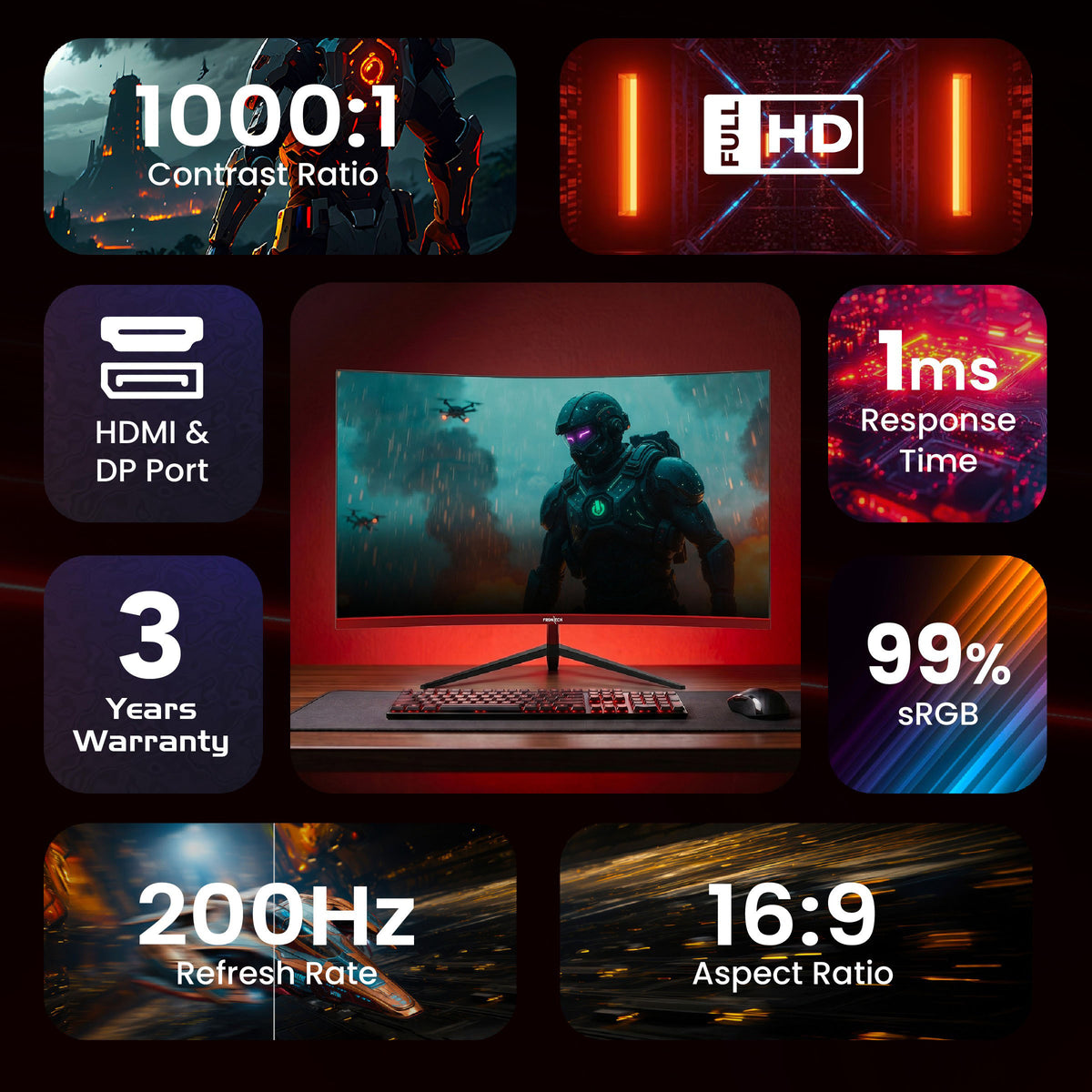 Frontech 32 inch Curved Gaming Monitor | 200Hz | 1920 x 1080 | Frameless | HDMI & DP | 1ms Response Time | Built-in Speakers | 3 Years Warranty