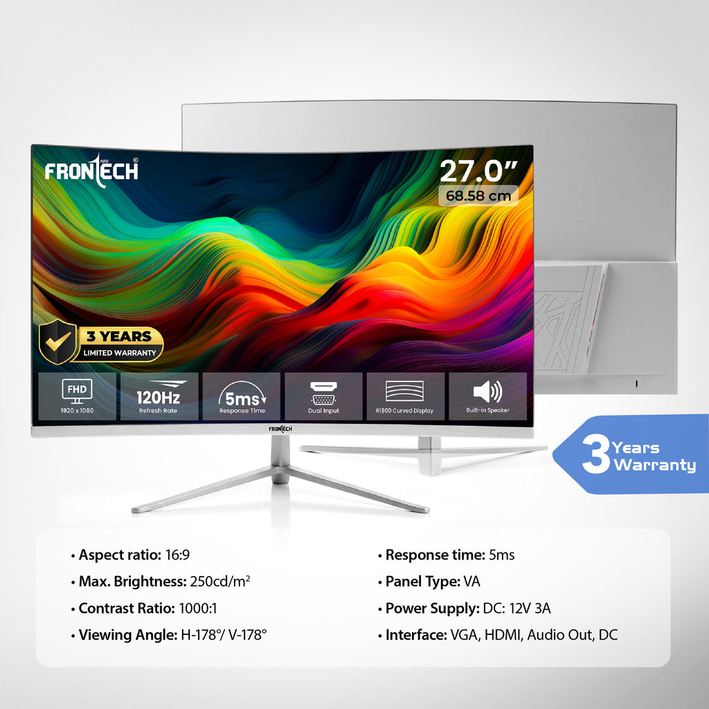 Frontech 27 inch Curved LED Monitor | 120Hz | 1920x1080 | Wall Mountable | Frameless | HDMI & VGA | 5ms Response Time | Built-in Speakers | Ultima Series | 3 Years Warranty