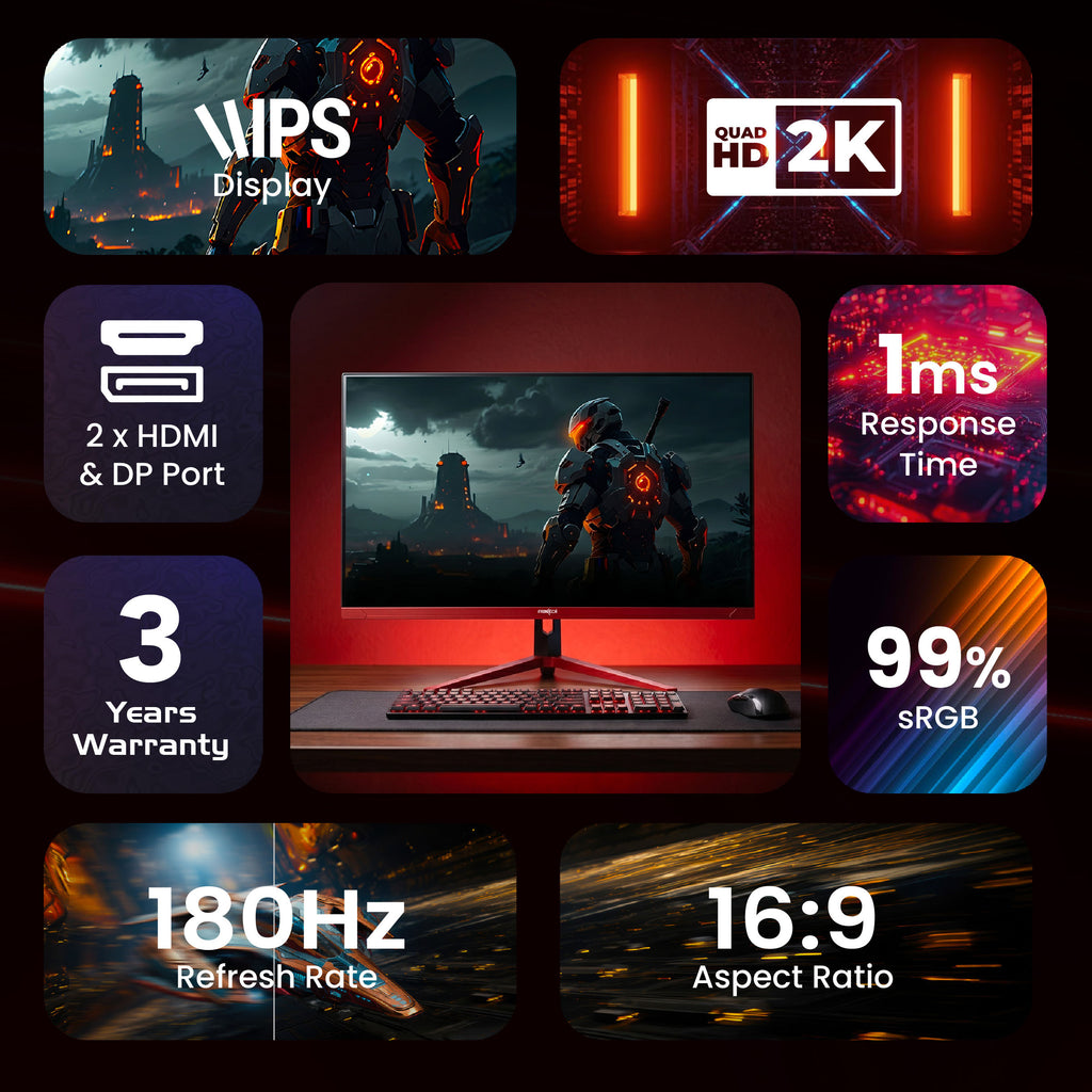 Frontech 27-Inch QHD 2K Gaming Monitor (2560×1440) | 180Hz Refresh Rate | IPS Panel | HDMI & DP Dual Input | RGB Backlight | Eye Care | Wall Mount | 3-Year Warranty (MON-0085P)