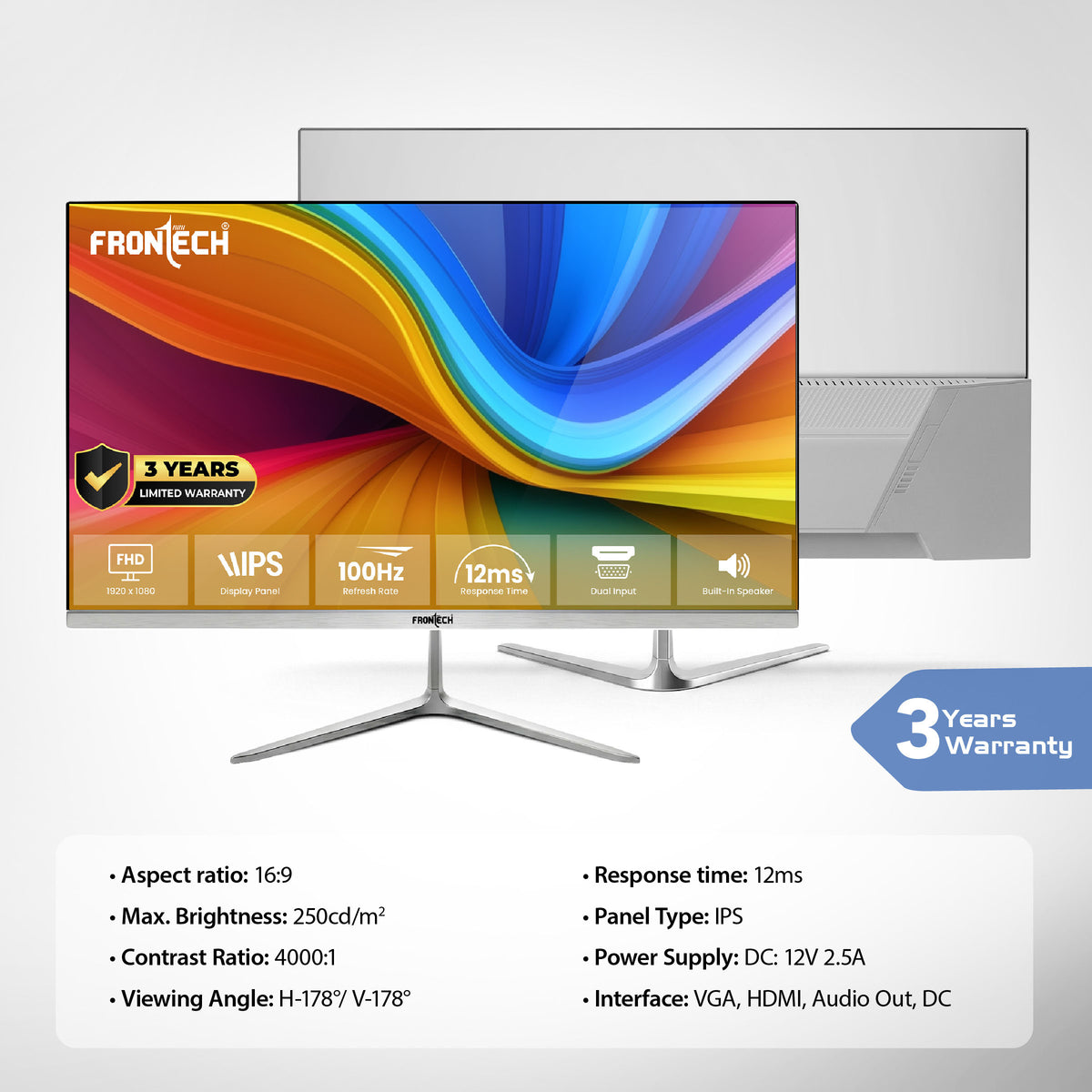 Frontech 24 inch LED Monitor | 100Hz | 1920x1080 | Wall Mountable | Frameless | HDMI & VGA | 12ms Response Time | Built-in Speakers | IPS Panel | Ultima Series | 3 Years Warranty