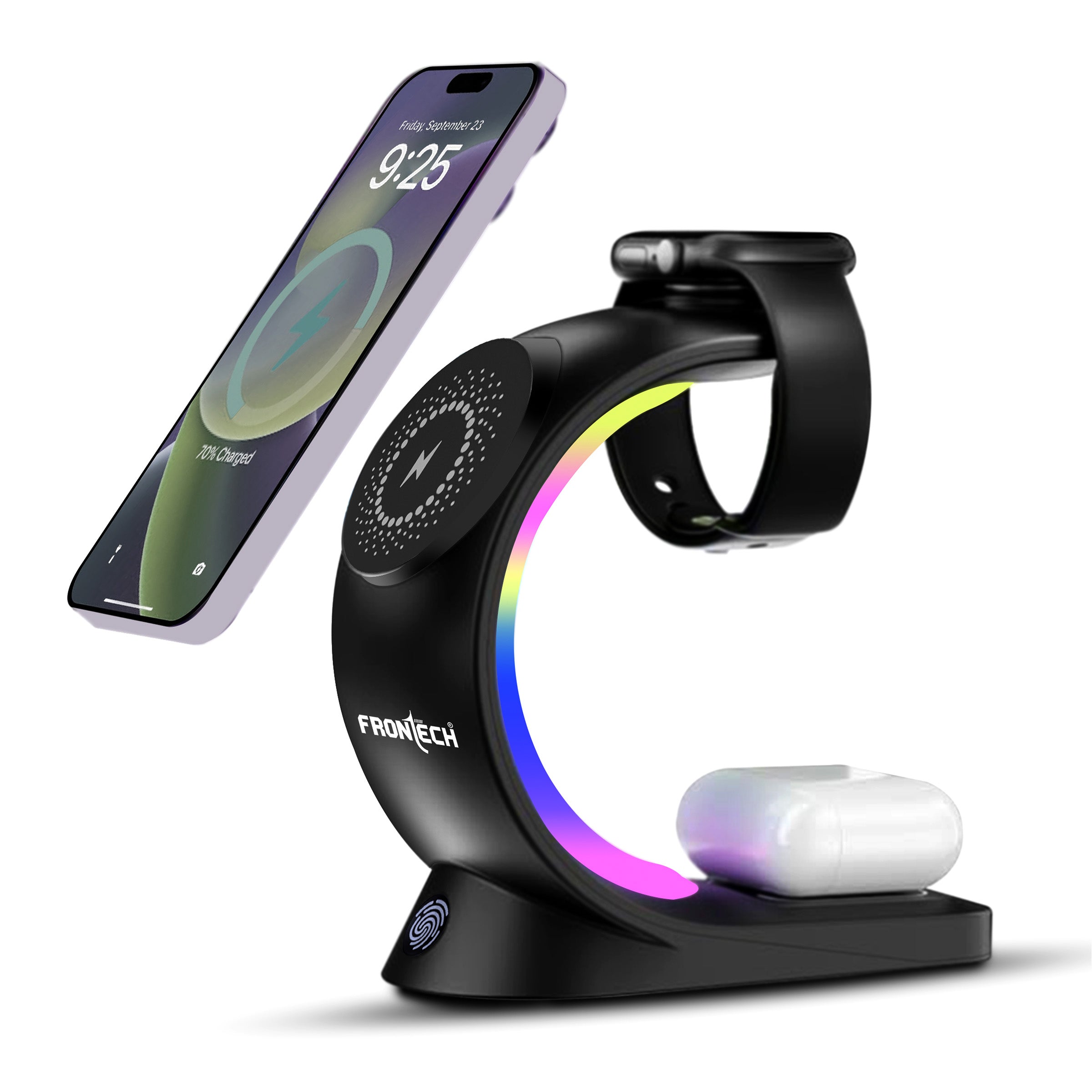 Frontech Magnetic 3-in-1 Wireless Charging Stand - Fast Charging | MagSafe Alignment | RGB Light | 360° Rotation (CCH-0016)