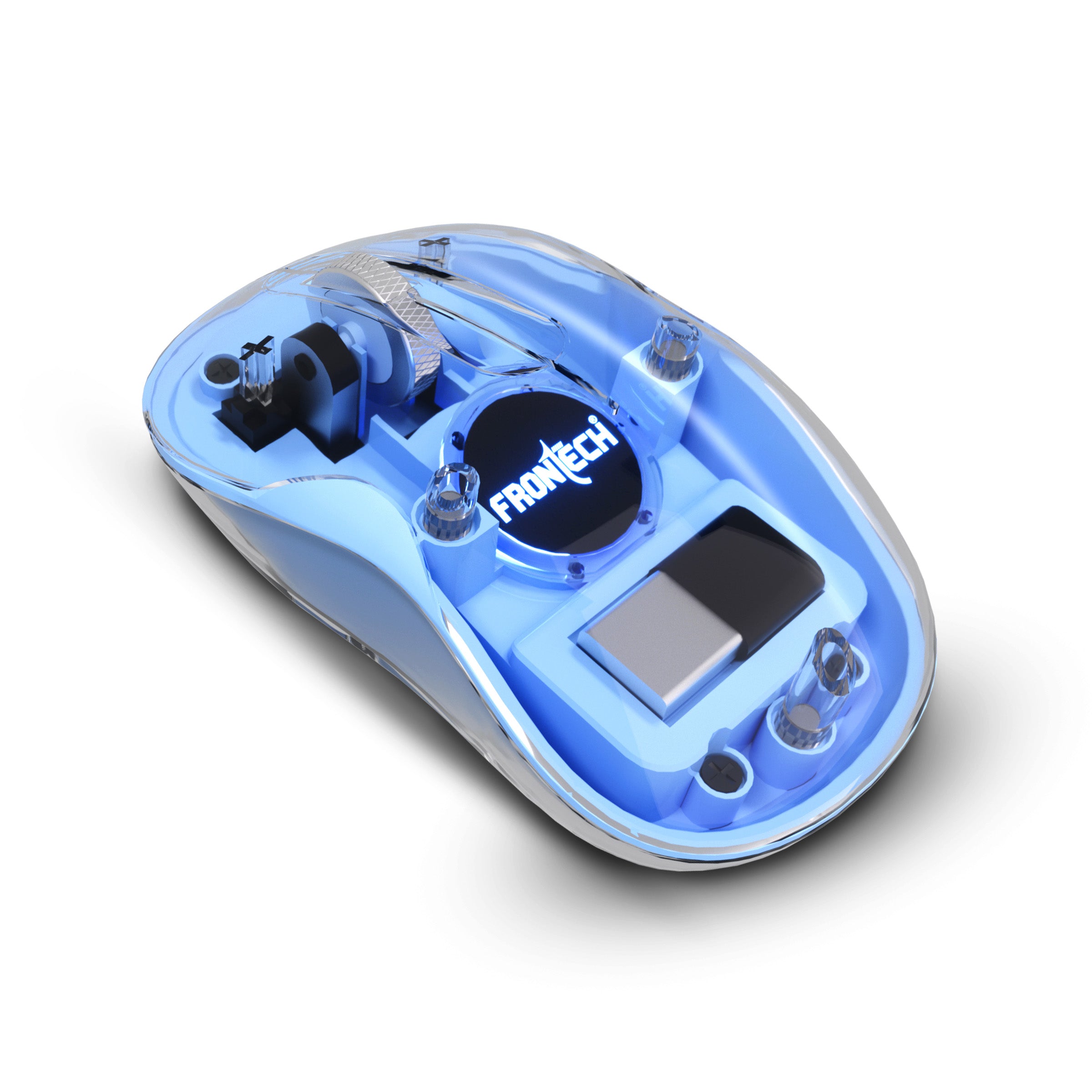 Frontech Transparent Mouse | 4800DPI | Dual Receivers |300mAh Rechargeable Battery| Wireless Ergonomic Optical Mouse with Bluetooth  (USB 2.0, Type C, Blue)