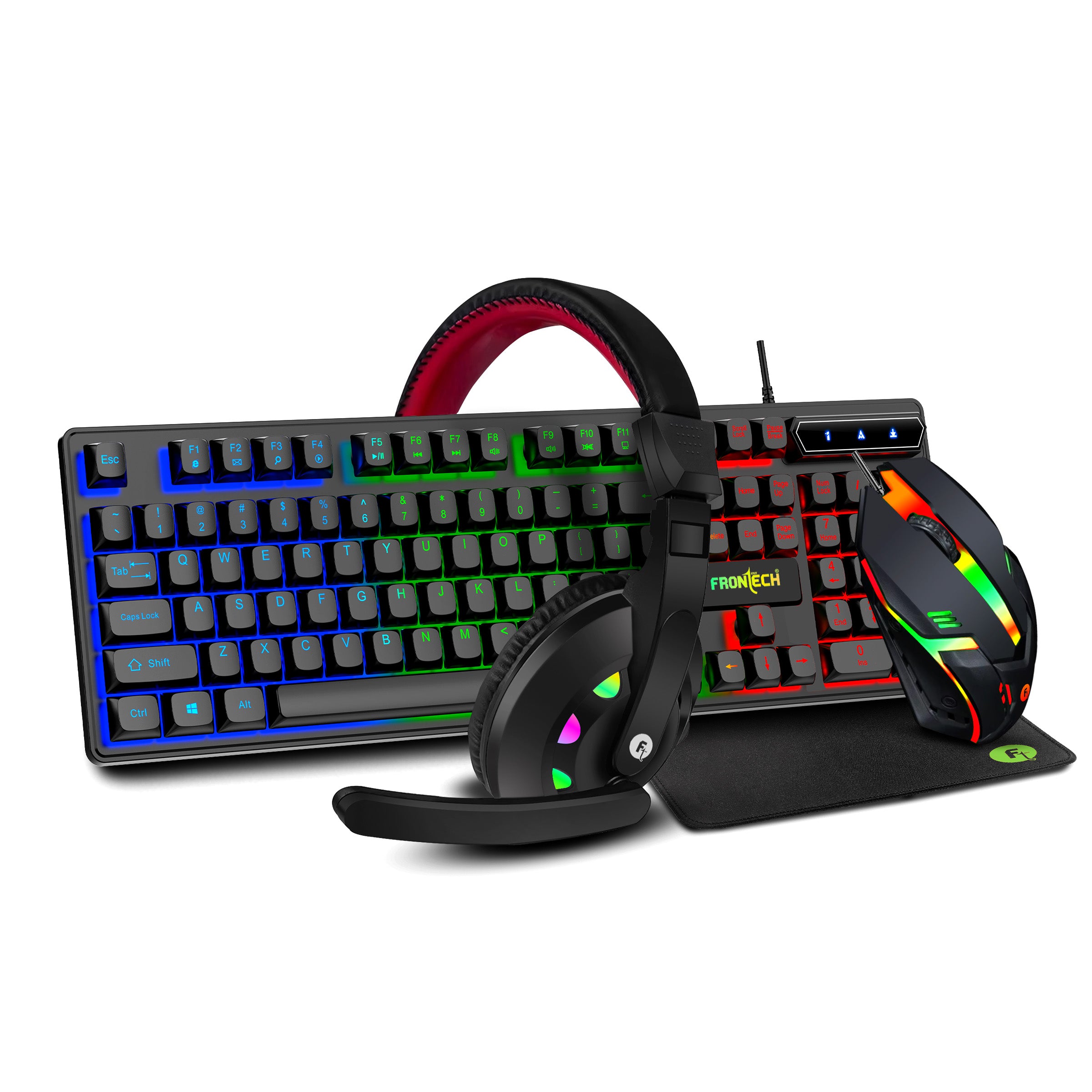 Frontech Dragon Warrior Gaming 4 in 1 Gaming Combo Set of Gaming Keyboard with RGB LED Backlit, Mouse with 1200 DPI, Mousepad and Premium Gaming Headphone, (KB-0038P, Black)