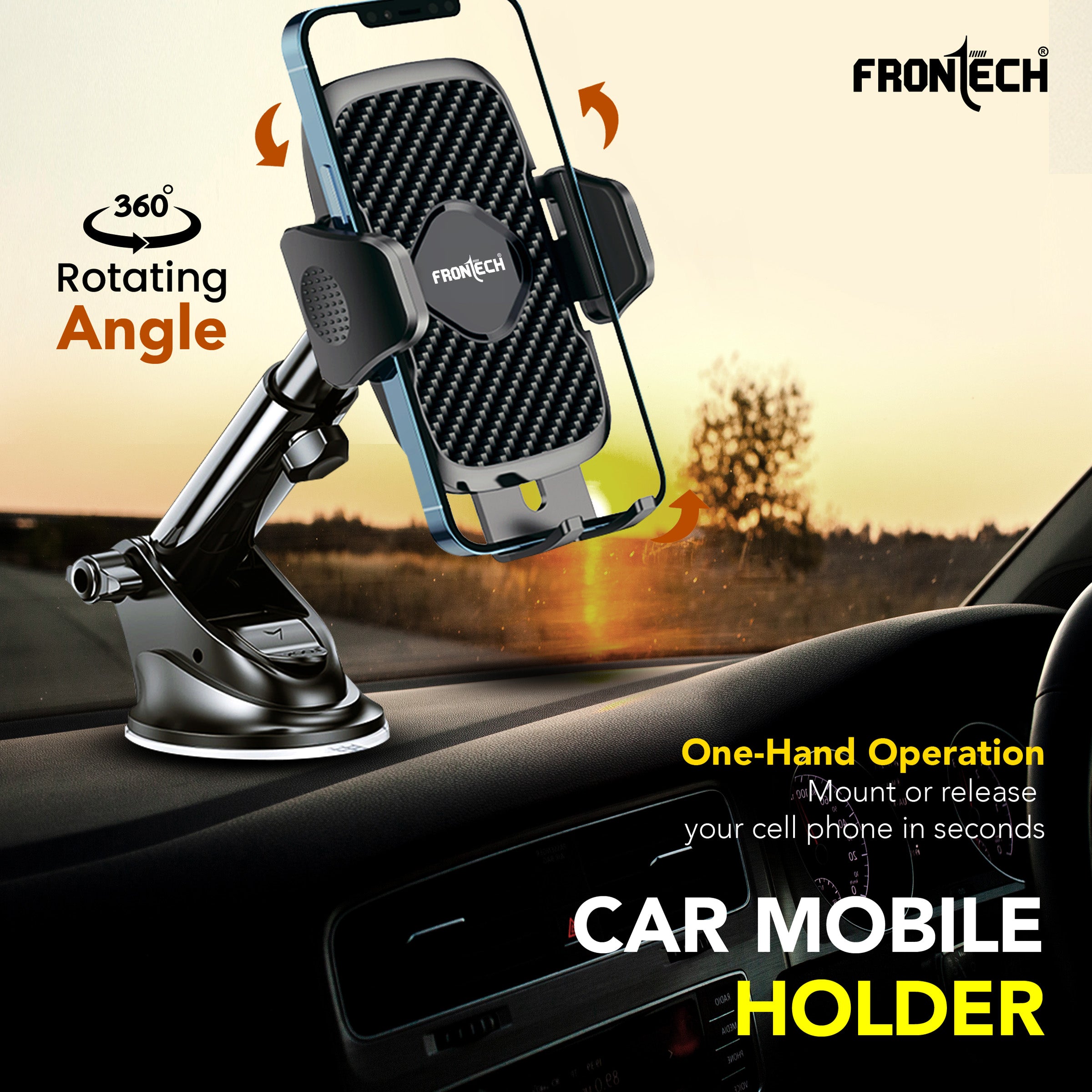FRONTECH 360° Rotating Car Phone Holder – One-Hand Operation, Adjustable Angle & Height, Anti-Slip Silicone Pad, Strong Sticky Gel Base – Universal Phone Mount for Smart Driving (CCH-0012)