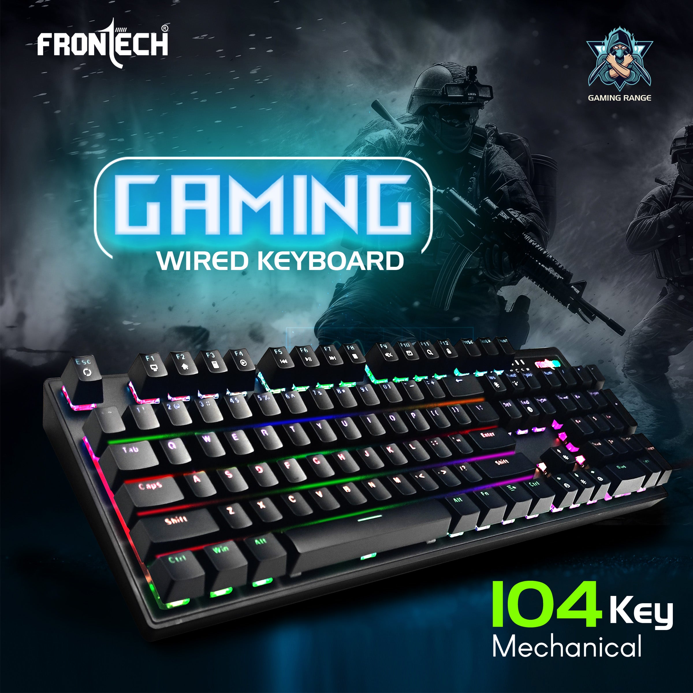 Frontech Wired Mechanical Gaming Keyboard | 104 Keys | Rainbow Backlit | Anti-Ghosting | Ergonomic Design | 12 Multimedia Hotkeys | Height Adjustable | 1-Year Warranty (KB-0014P)