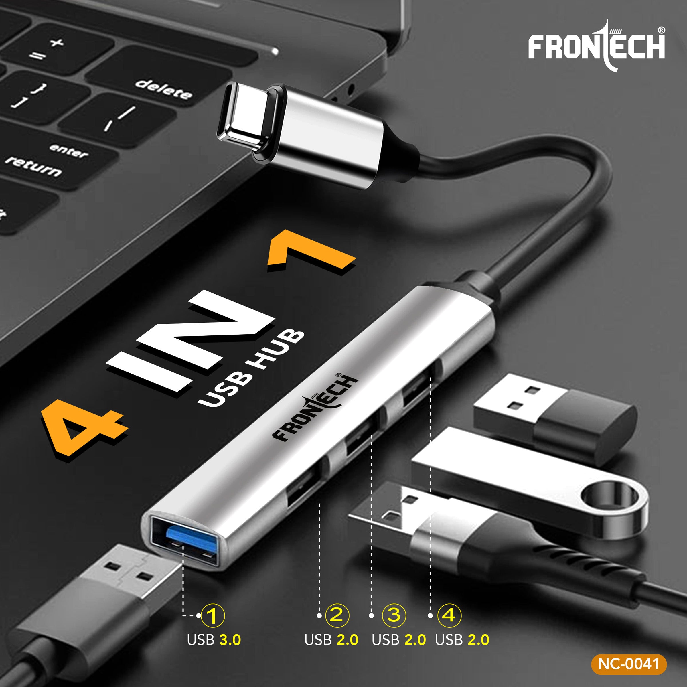 Frontech 4 in 1 Multiport HUB,USB 3.0, 3X USB 2.0,Compact Metal Design, Multi OS Compatible. (NC-0041)