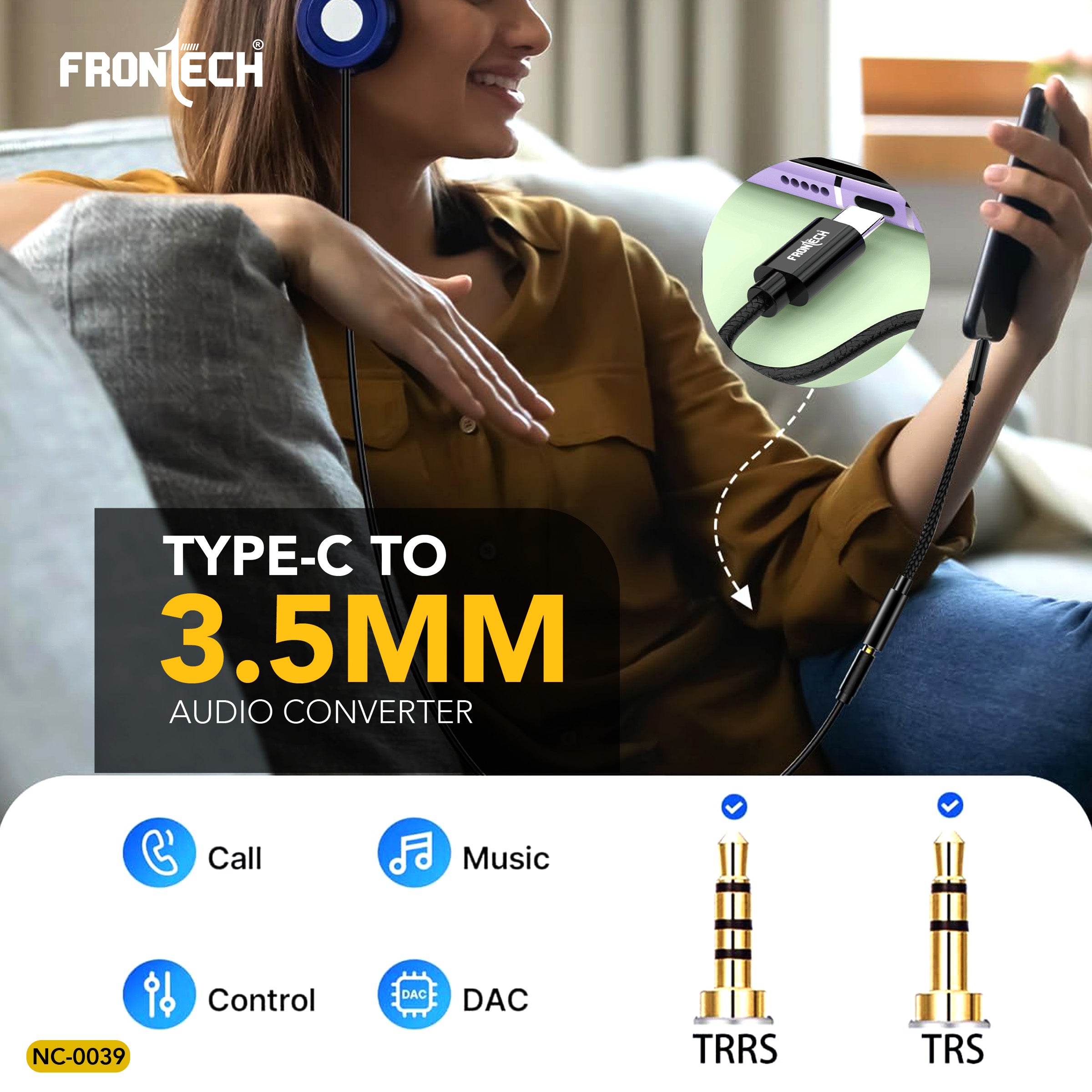 Frontech Audio Converter Type C to 3.5 mm Audio Jack Connector with DAC Headphone Converter Adapter (NC-0039)