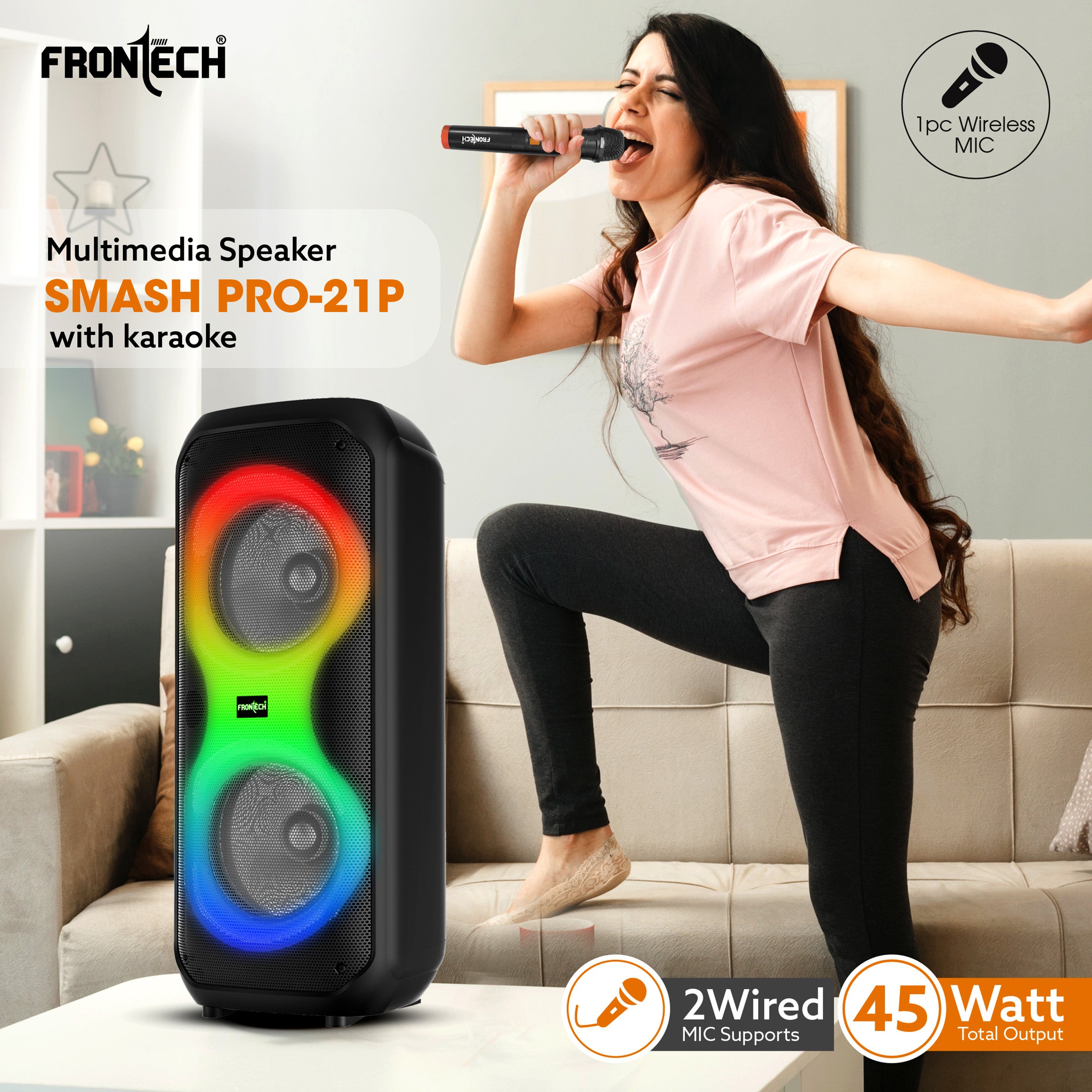 Frontech Smash Pro-21P 45W Portable Party Speaker | True Wireless Stereo | Karaoke Function with Wireless Mic | RGB LED Disco Lighting | Bluetooth 5.0 | FM Radio | USB, TF, AUX | Type-C Charging Port (SW-0021P)