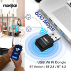 FRONTECH 600 Mbps USB Wi-Fi + Bluetooth Adapter | PC, Laptop | Dual Band (2.4GHz) | BT 4.2/2.1 | USB 2.0 | Wireless Network Card (Gaming, Work, Travel, Home) | Compatible with Windows 7/8/10/11/XP | WEP,WPA-PSK,WPA2-PSK Security | 10-20M Range (FT-0844)