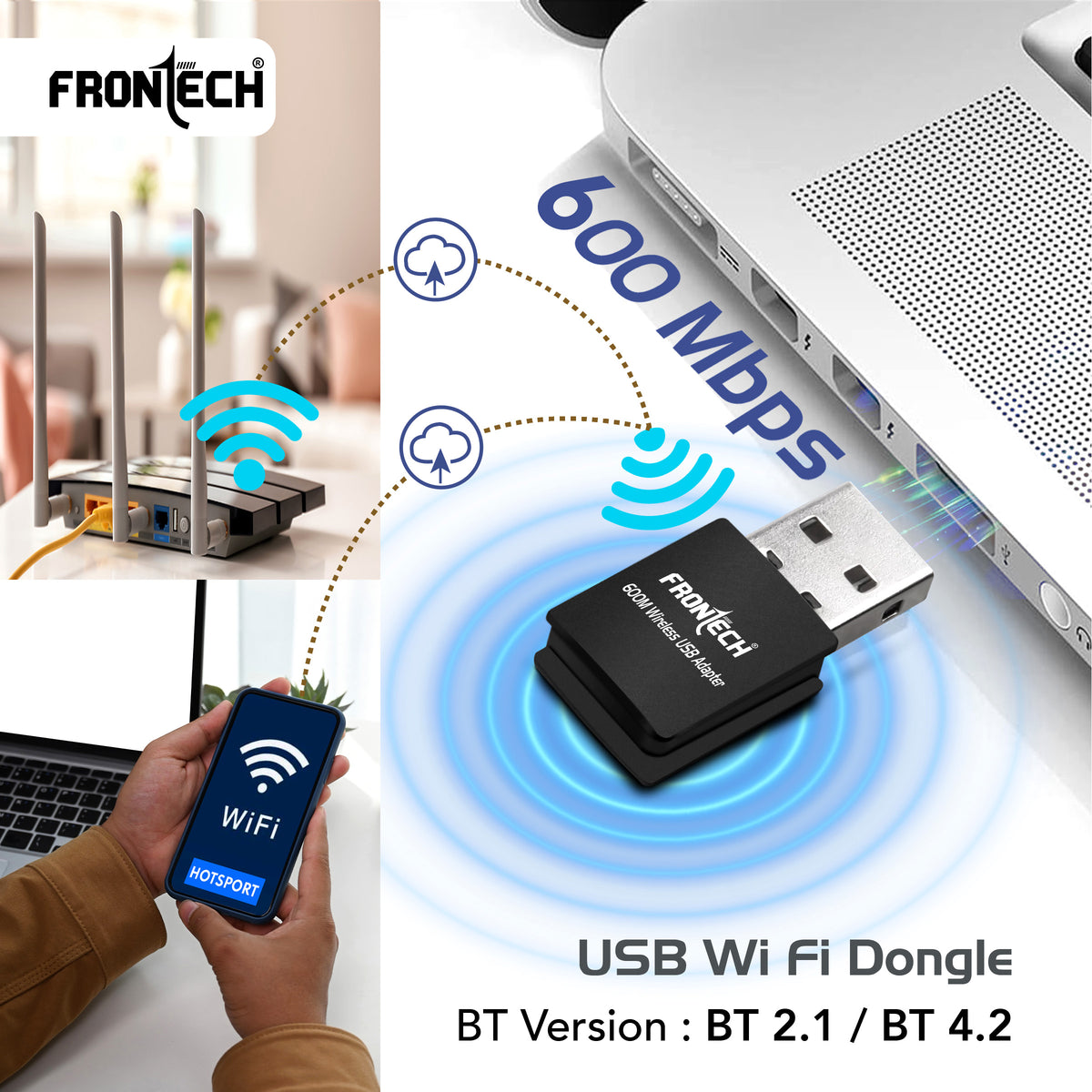 FRONTECH 600 Mbps USB Wi-Fi + Bluetooth Adapter | PC, Laptop | Dual Band (2.4GHz) | BT 4.2/2.1 | USB 2.0 | Wireless Network Card (Gaming, Work, Travel, Home) | Compatible with Windows 7/8/10/11/XP | WEP,WPA-PSK,WPA2-PSK Security | 10-20M Range (FT-0844)