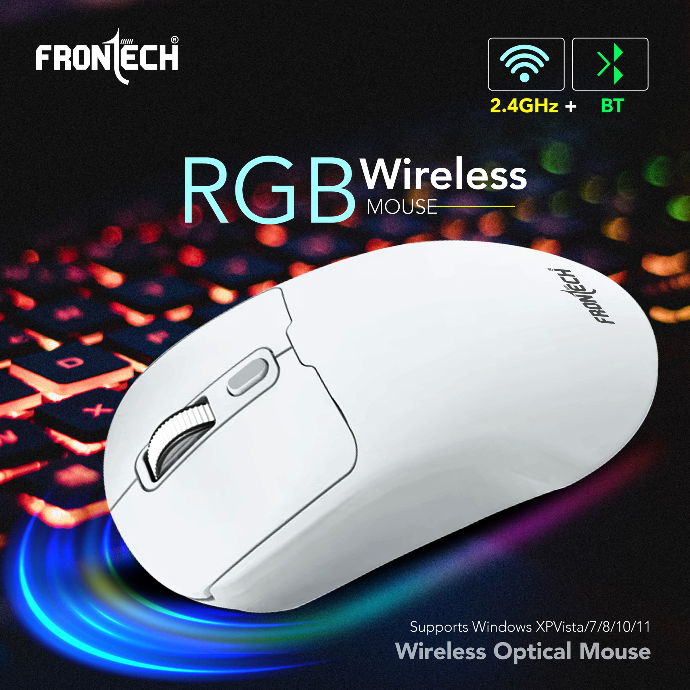 Frontech Dual Mode Wireless Optical Mouse | 2.4GHz + Bluetooth | Up to 1600 DPI | 4 Buttons | White | USB Nano Receiver | Ergonomic Grip | Multi-Device Compatibility (MS-0058W)
