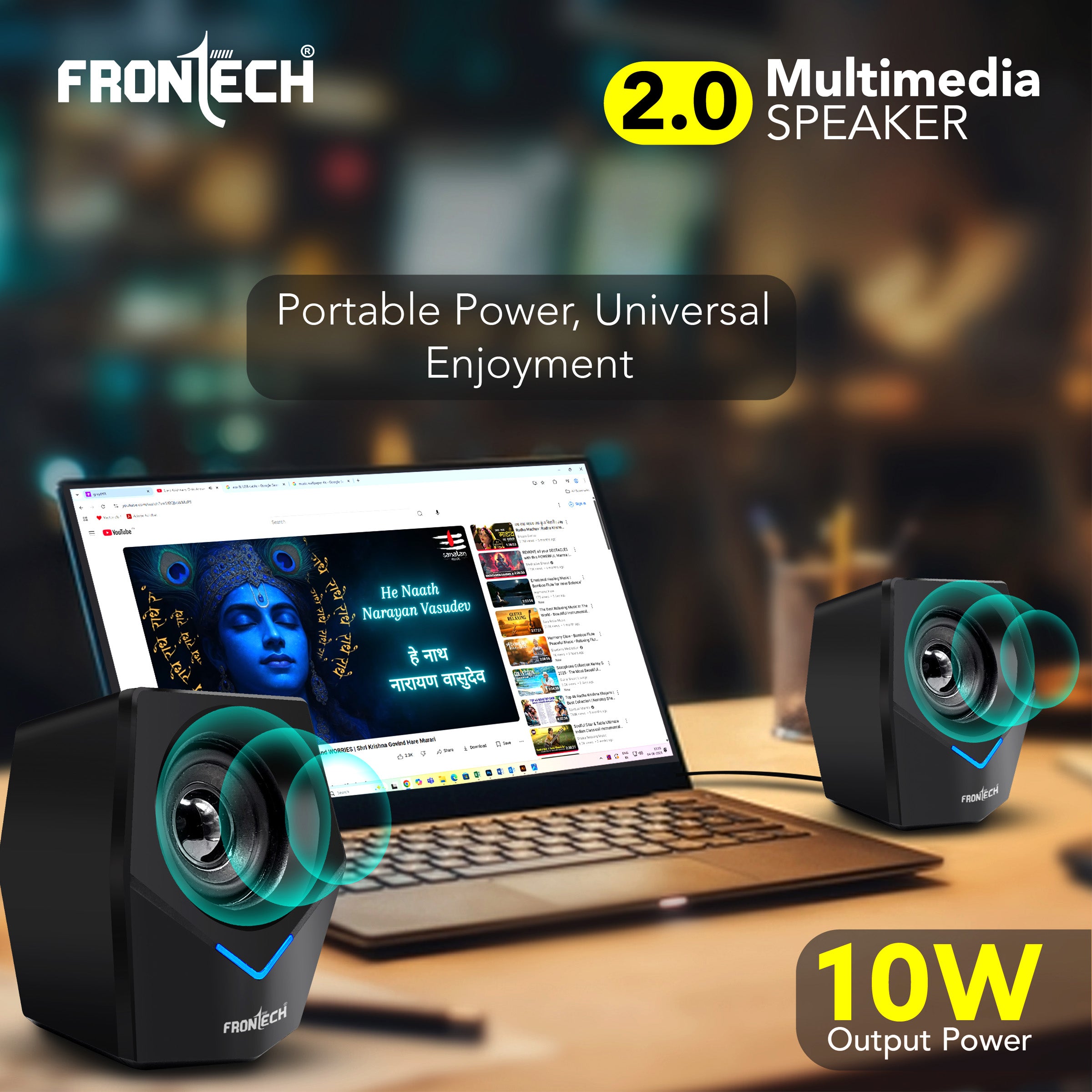 FRONTECH 2.0 Multimedia Speakers: 10W USB-Powered PC/Laptop/Mobile Speakers with 3.5mm AUX & Blue LED Lighting. (SPK-0011)