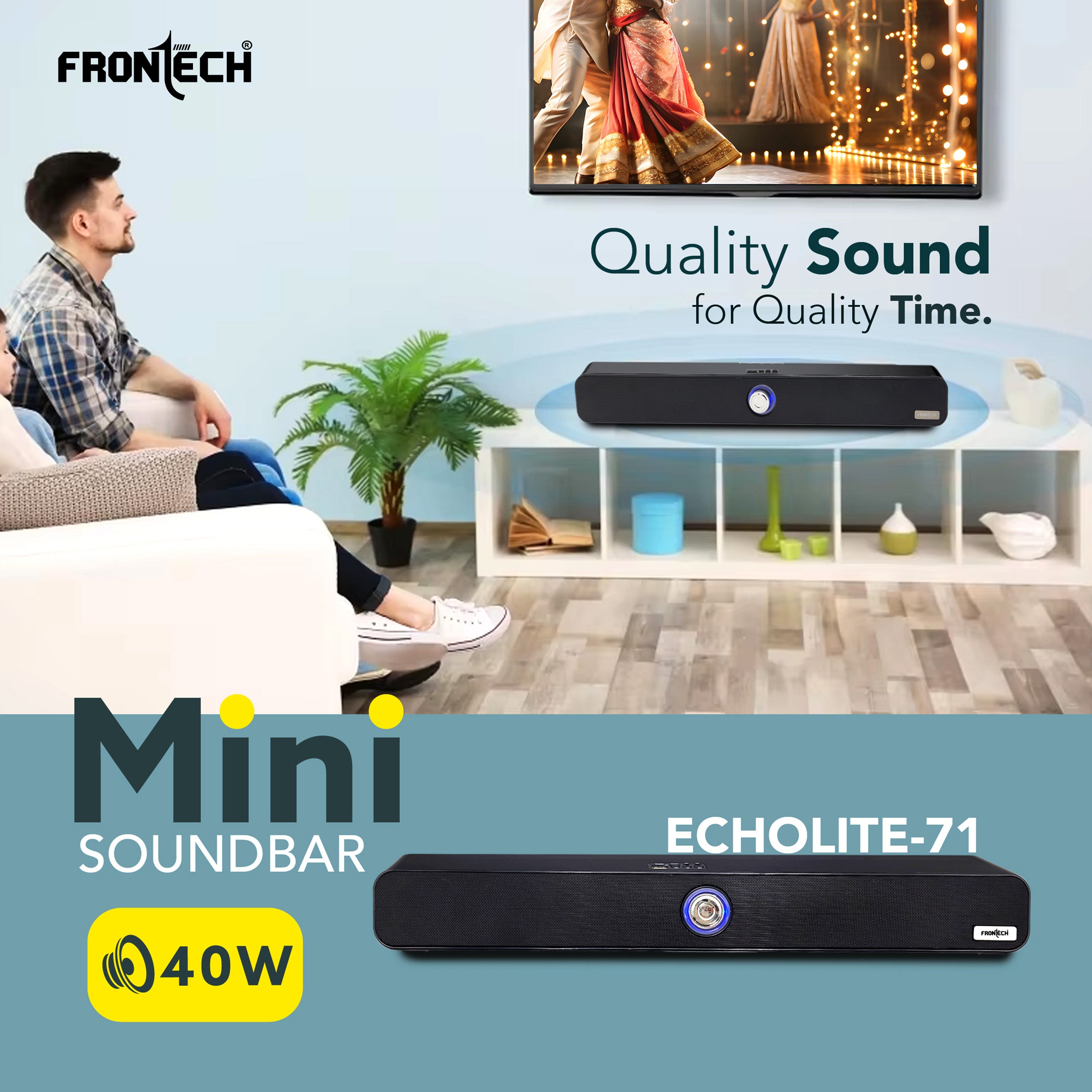 FRONTECH ECHOLITE-71 Mini Soundbar: 40W Bluetooth 5.0 Portable Home Theater Speaker with AUX/USB/TF Card & 2400mAh Battery. (SW-0071)