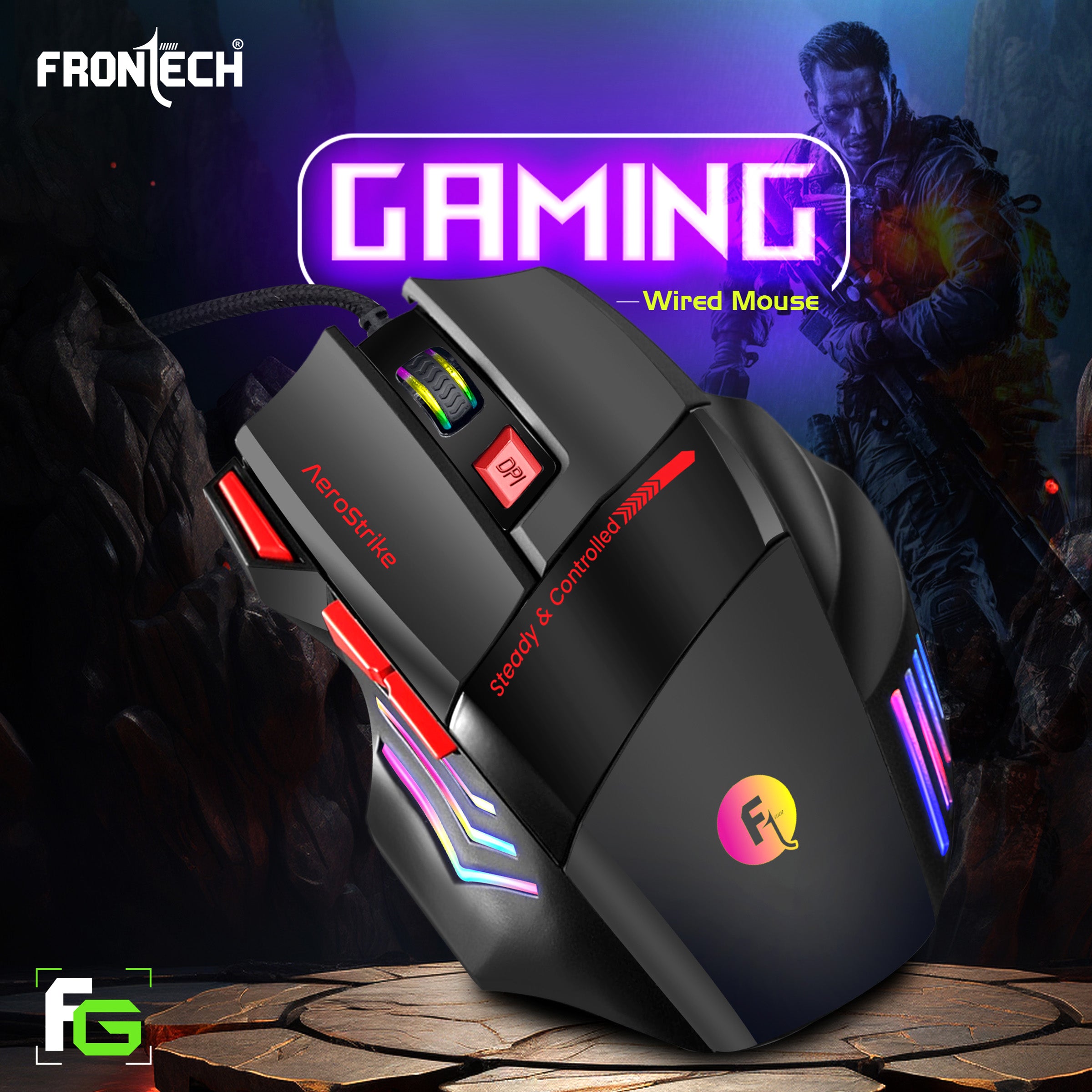 Frontech AeroStrike USB Wired Gaming Mouse with Upto 7200 DPI Gaming Sensor | 7 Buttons Design | Rainbow Lighting with Breathing Effect | 1.5m Braided Cable (MS-0083)