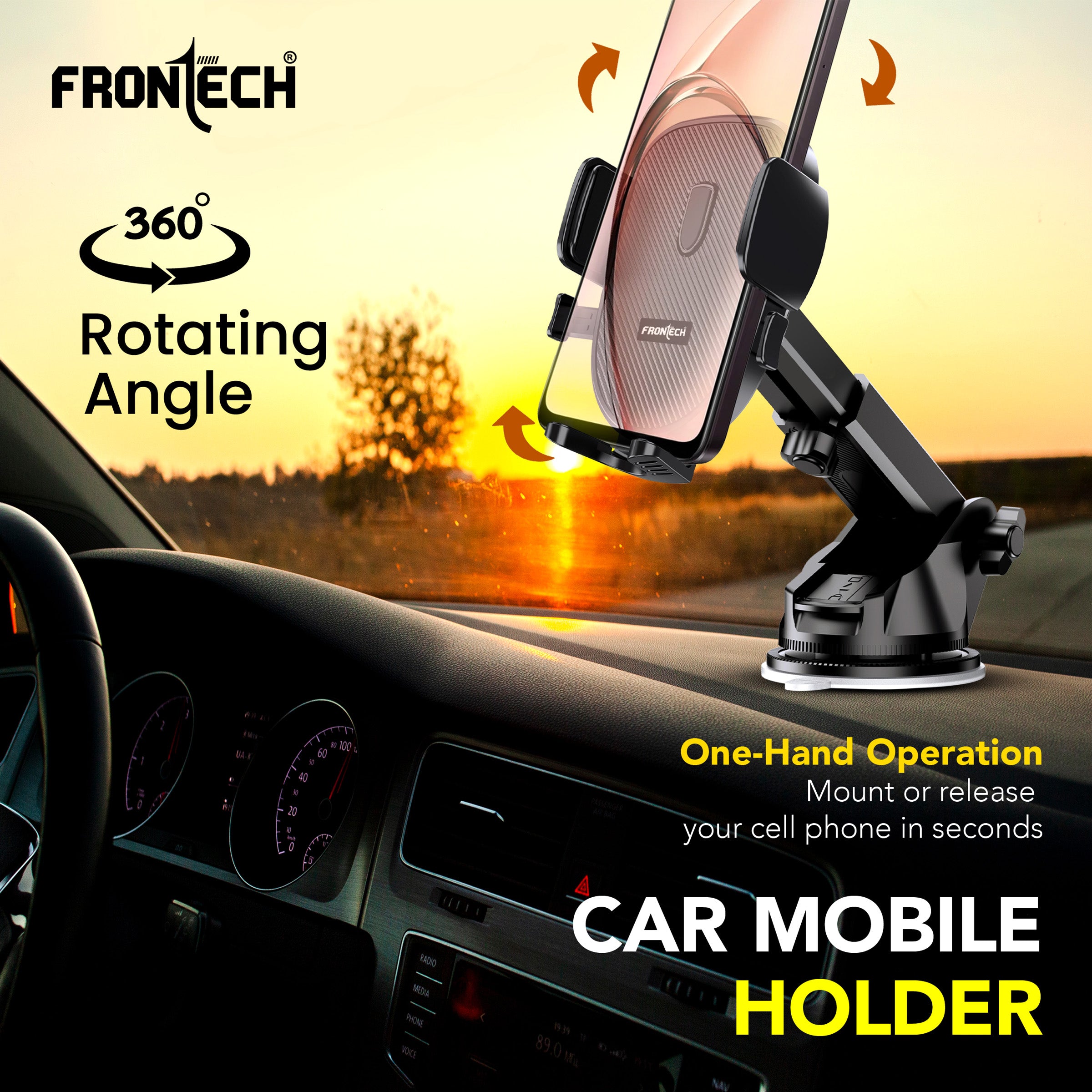 FRONTECH 360° Rotating Car Phone Holder–One-Hand Operation, Anti-Slip Silicone Pad, Adjustable Angle & Height, Strong Sticky Gel Pad– Universal Compatibility for All Phones (CCH-0011)