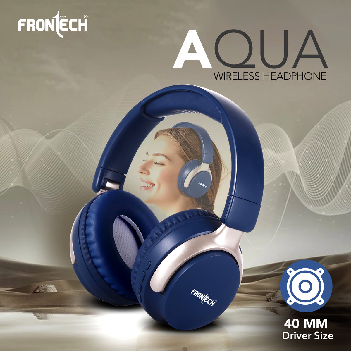 Frontech QHP-370 Wireless Headphones: 36HRS Playtime, 40mm Drivers, Dual Mode (BT 5.1 & AUX) - Deep Blue. (EF-0078)