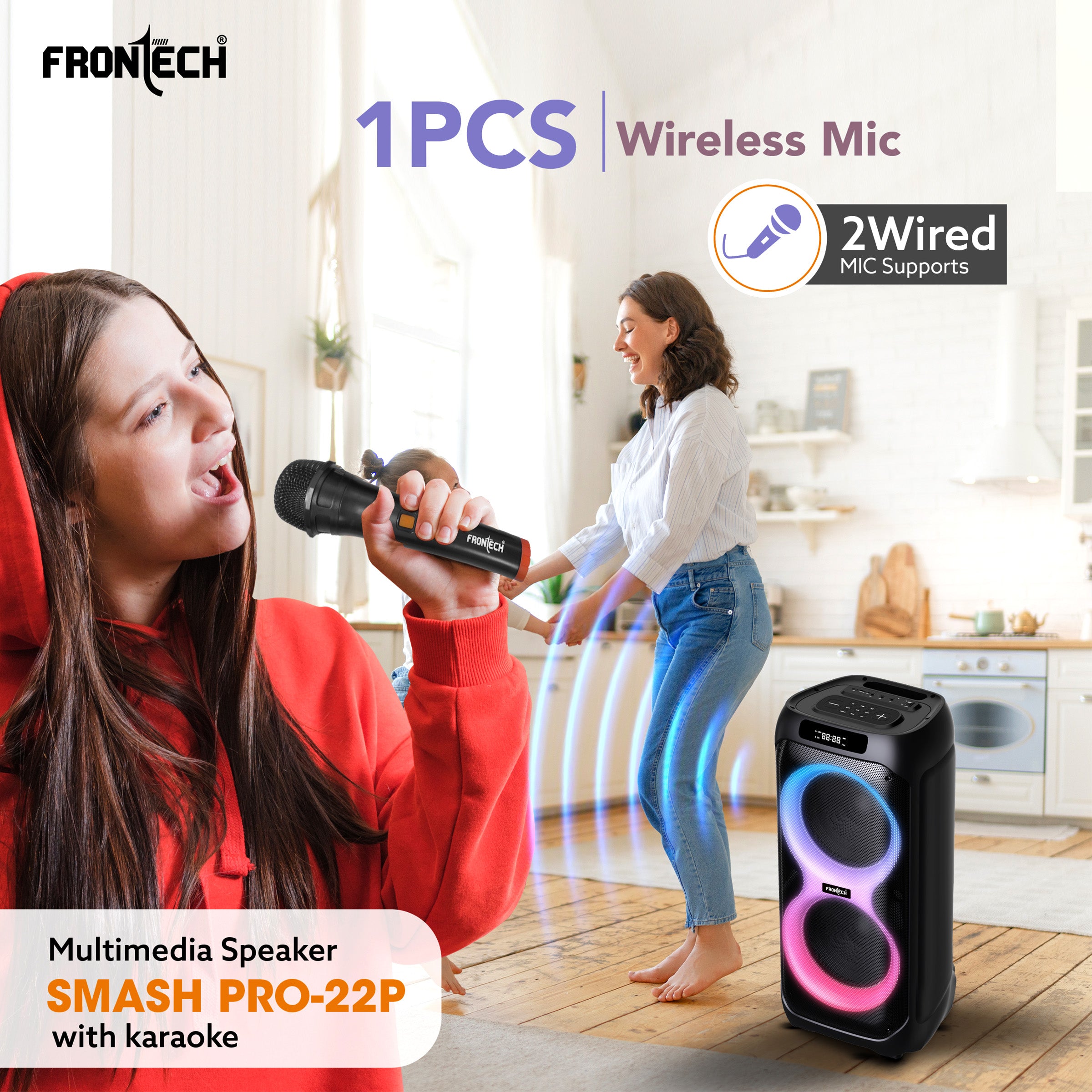 Frontech SMASH PRO-22P 100W Portable Party Speaker | True Wireless| Karaoke Function with Wireless Mic | RGB LED Disco Lighting | Bluetooth 5.0 | FM Radio| USB, TF, AUX| Type-C Charging Port | 1 Year Limited Warranty (SW-0022P)