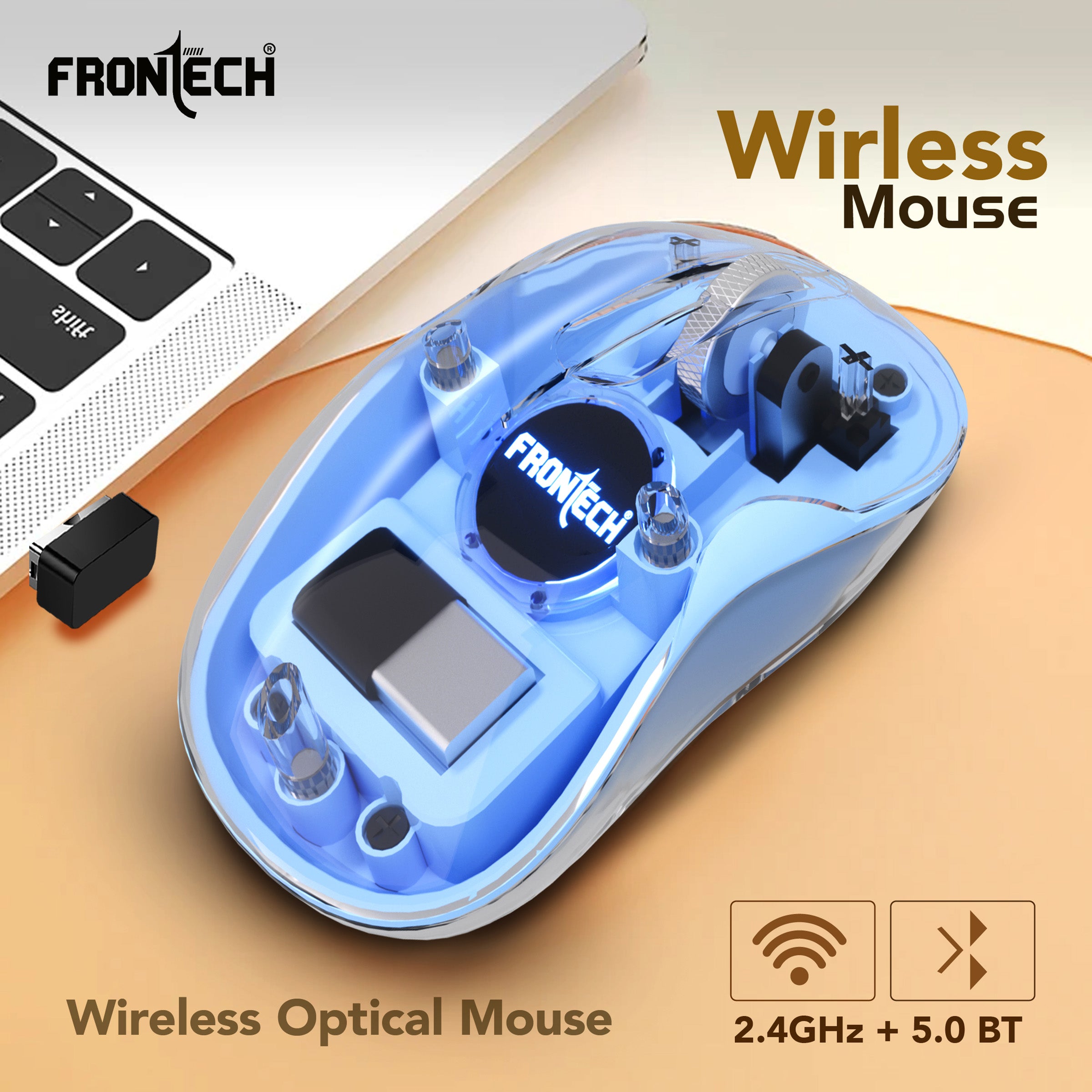 Frontech Transparent Mouse | 4800DPI | Dual Receivers |300mAh Rechargeable Battery| Wireless Ergonomic Optical Mouse with Bluetooth  (USB 2.0, Type C, Blue)