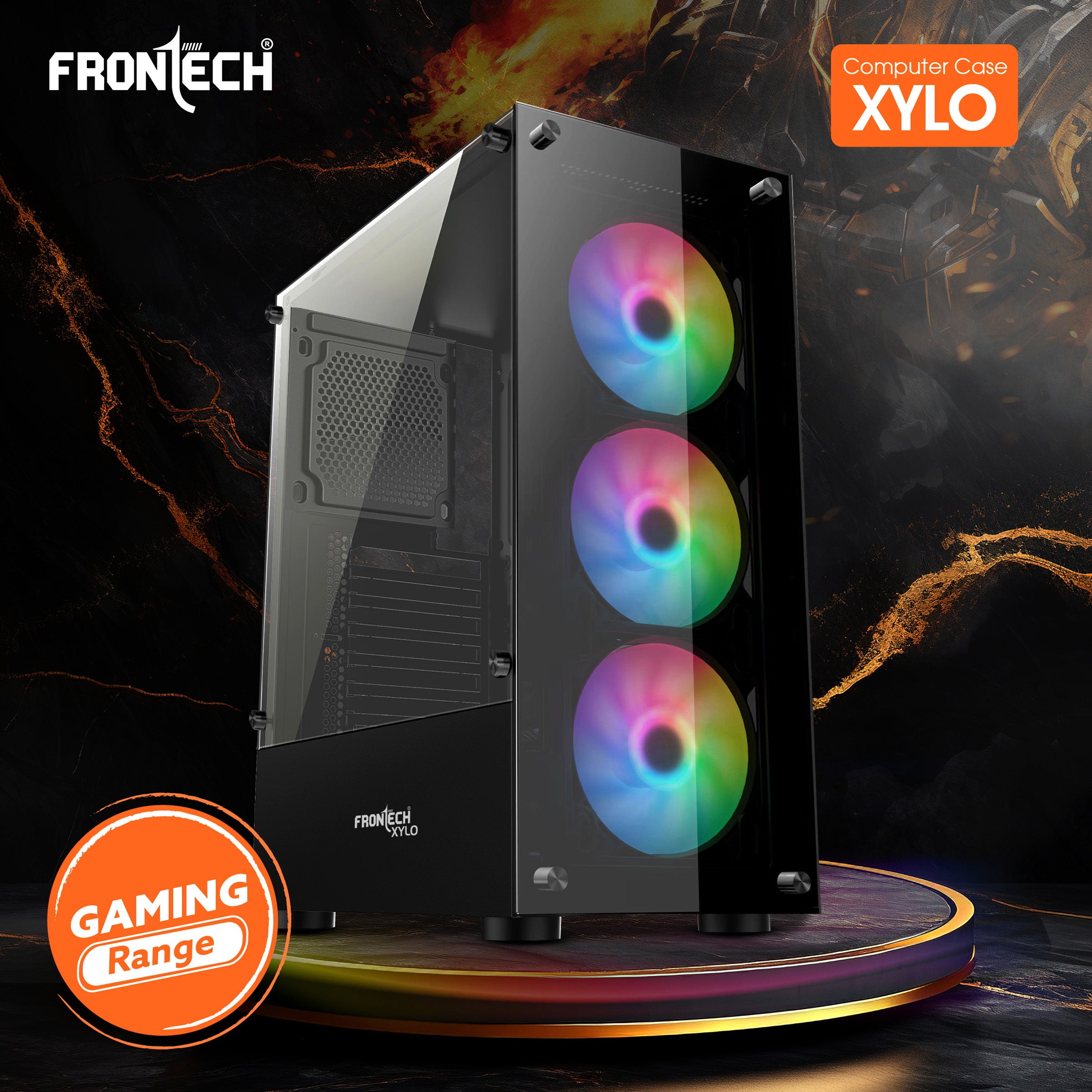 Xylo Gaming ATX Cabinet | Tempered Glass Side Panel, 3x120mm RGB Fans, 2xUSB 1.1 & USB 3.0 Ports (FT-4285)