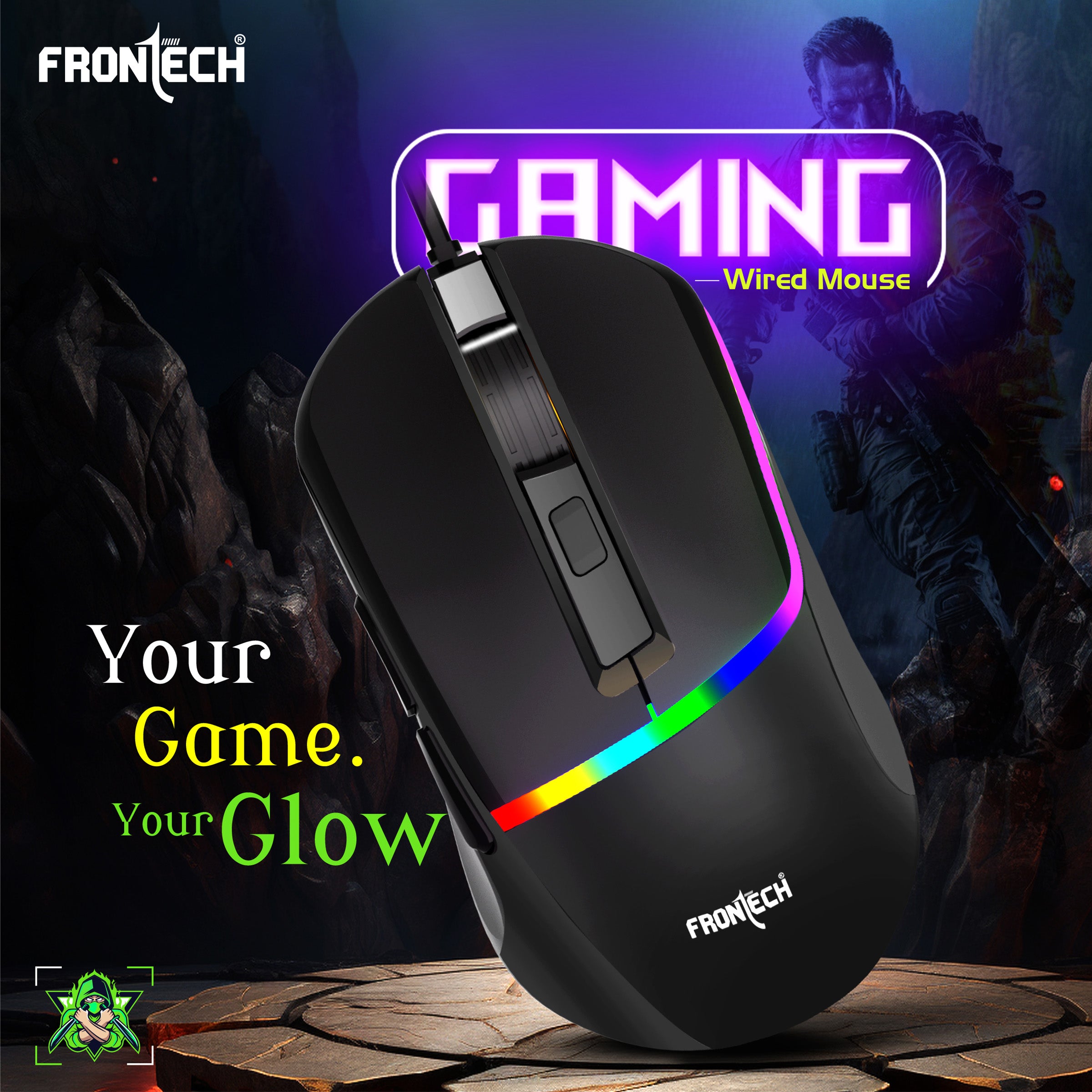 Frontech G902 - AuraGlow Ergonomic Gaming Mouse | 7200 DPI | 6-Button Control | Silent Click | 1.5M Braided Cable. (MS-0104)