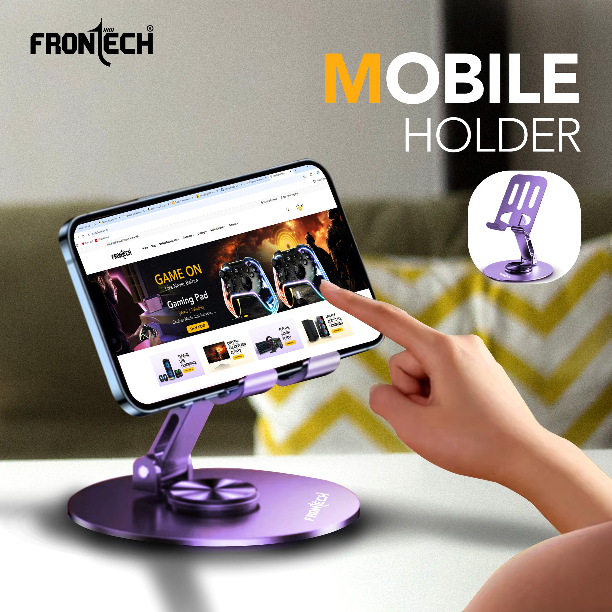 Frontech Mobile Holder, 360° Rotatable & Foldable Mobile Phone Holder With Stable Metallic base,Adjustable Height, Anti Skid Pad,Tabletop Mobile Phone Stand for all Smartphones. (CCH-0014LP)