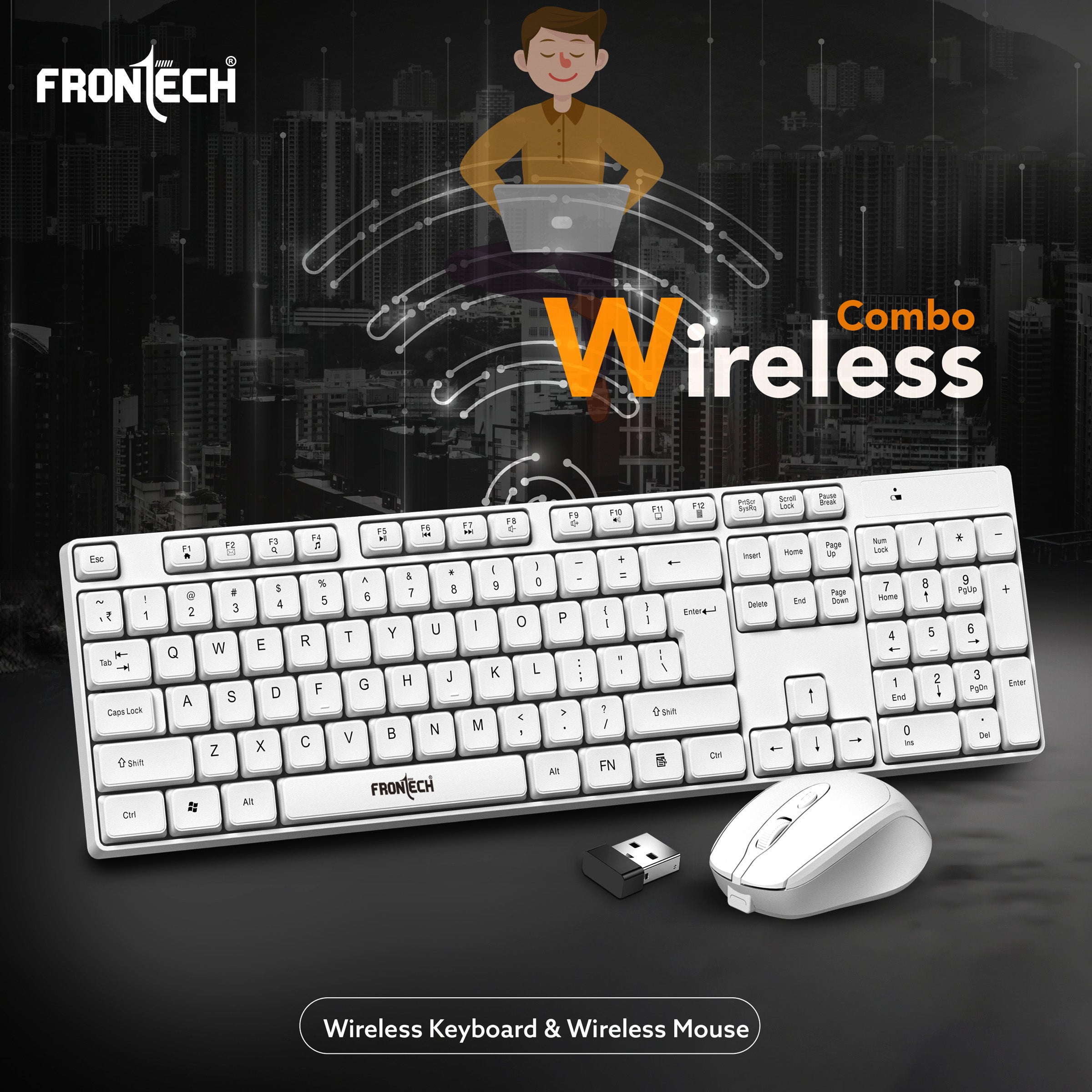 Frontech 2.4Ghz Rechargeable Wireless Keyboard and Mouse|104 Keys|1600 DPI|KB-0031| Combo Set (White)