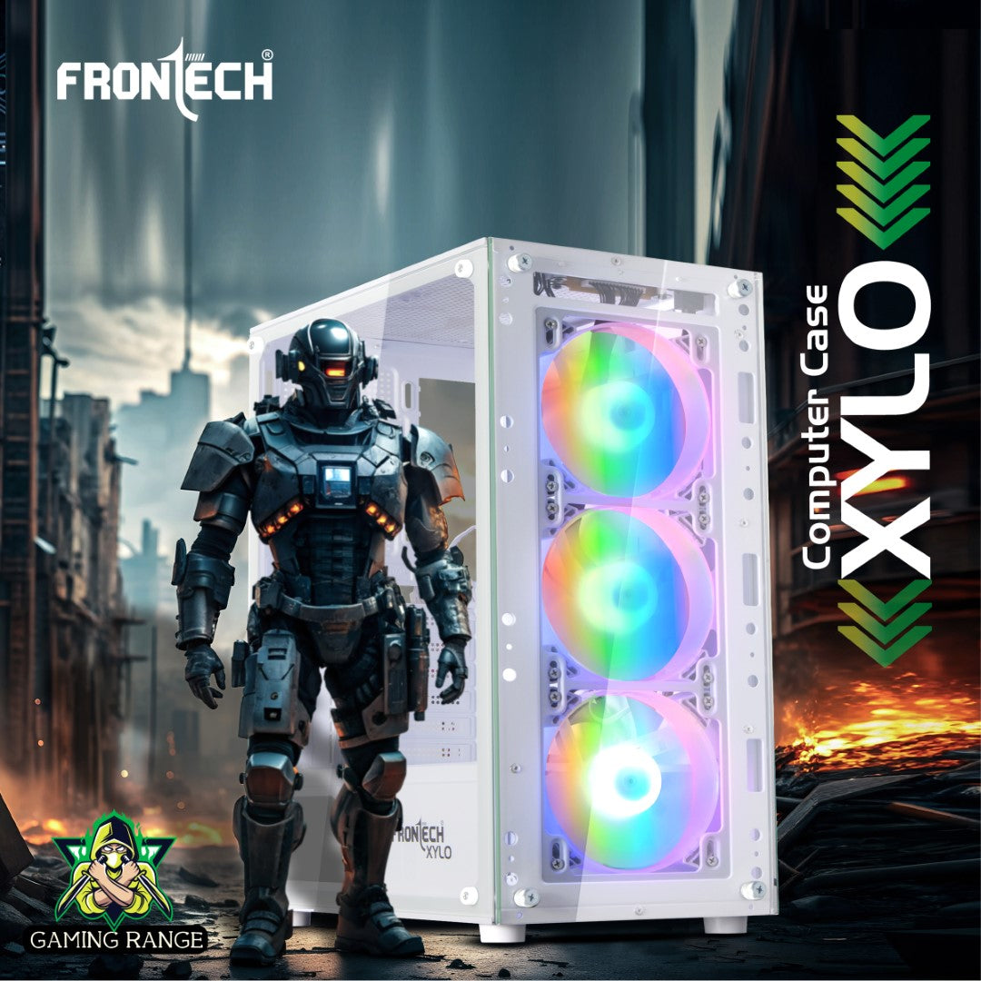 Xylo Gaming ATX Cabinet | Tempered Glass Side Panel, 3x120mm RGB Fans, USB 2xUSB 1.1 & 3.0 Ports, White (FT-4285W)