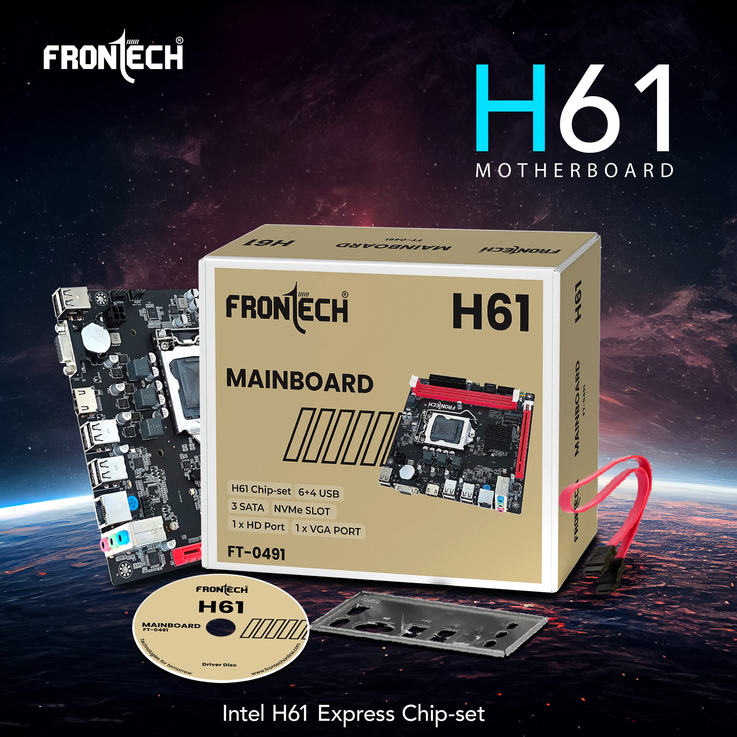 Frontech H61 Motherboard | Intel H61 Chipset, LGA1155, Dual DDR3, SATA 2.0, PCIe, HD Audio (FT-0491)