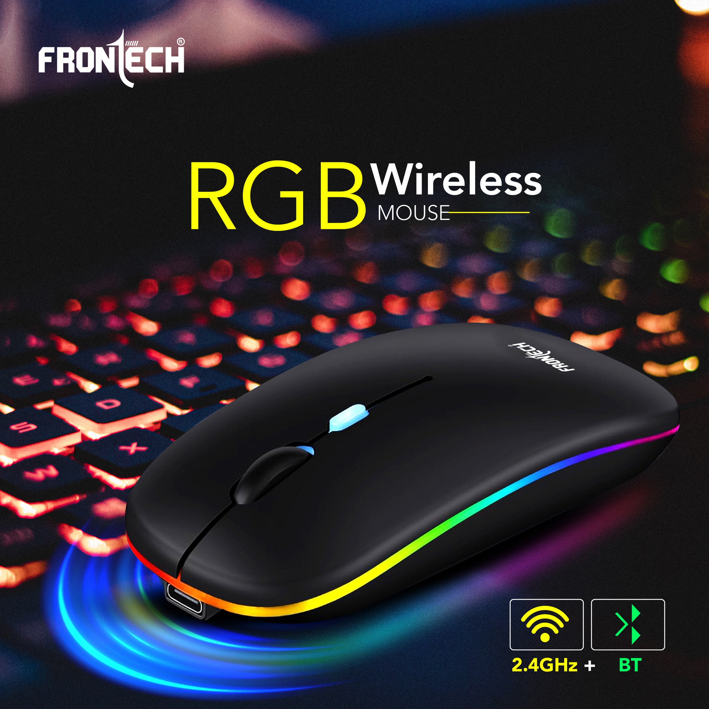 Frontech Wireless Mouse with Bluetooth 5.0 & 2.4 Ghz Dual Wireless Connectivity, Rechargeable Battery, Backlit Effect, Adjustable DPI up to 1600 Compatible with Laptop, MacBook, PC.(MS-0057)