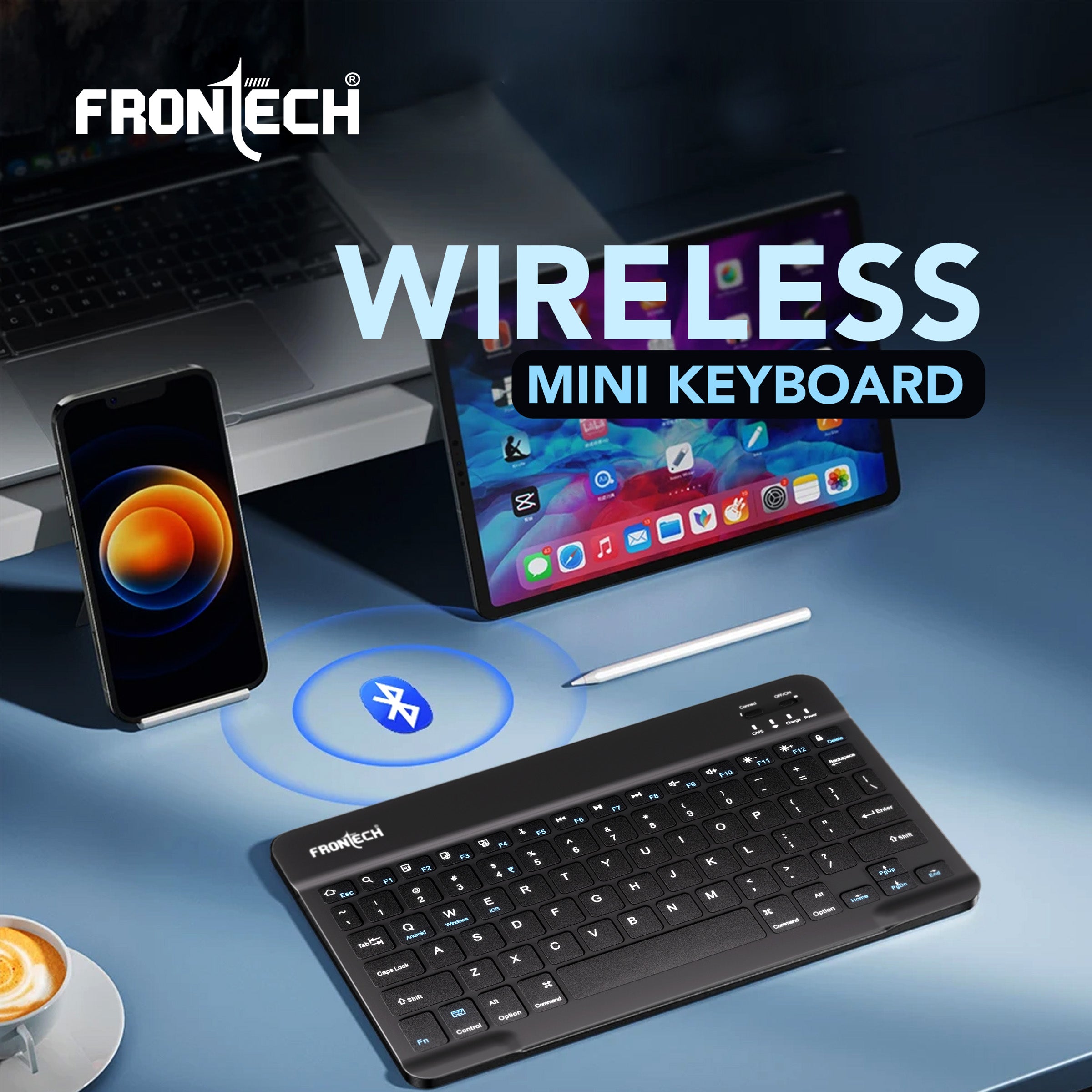 Frontech Ultra-Slim Wireless Mini Bluetooth Keyboard with 78 Keys, Rechargeable Battery, Compact Design for Windows/Mac/Android/iOS – Black (FT-1603A)