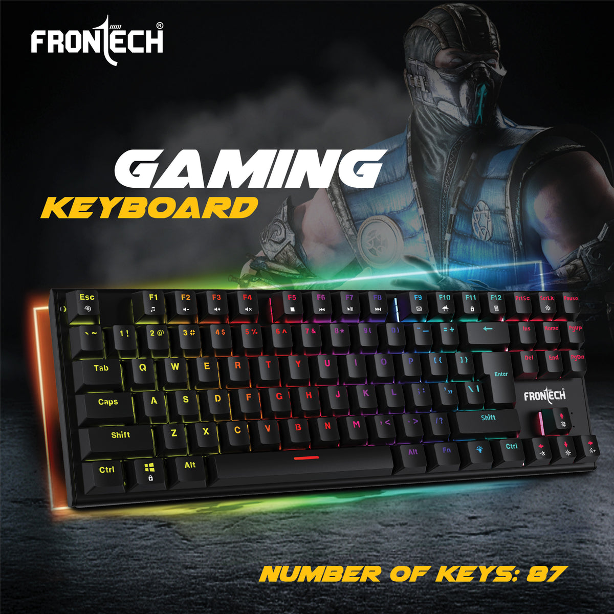 Frontech Wired Gaming RGB Backlight Keyboard|87 Key Layout|USB Plug & Play|1.6m cable| Ergonomic Keyboard|1 year warranty