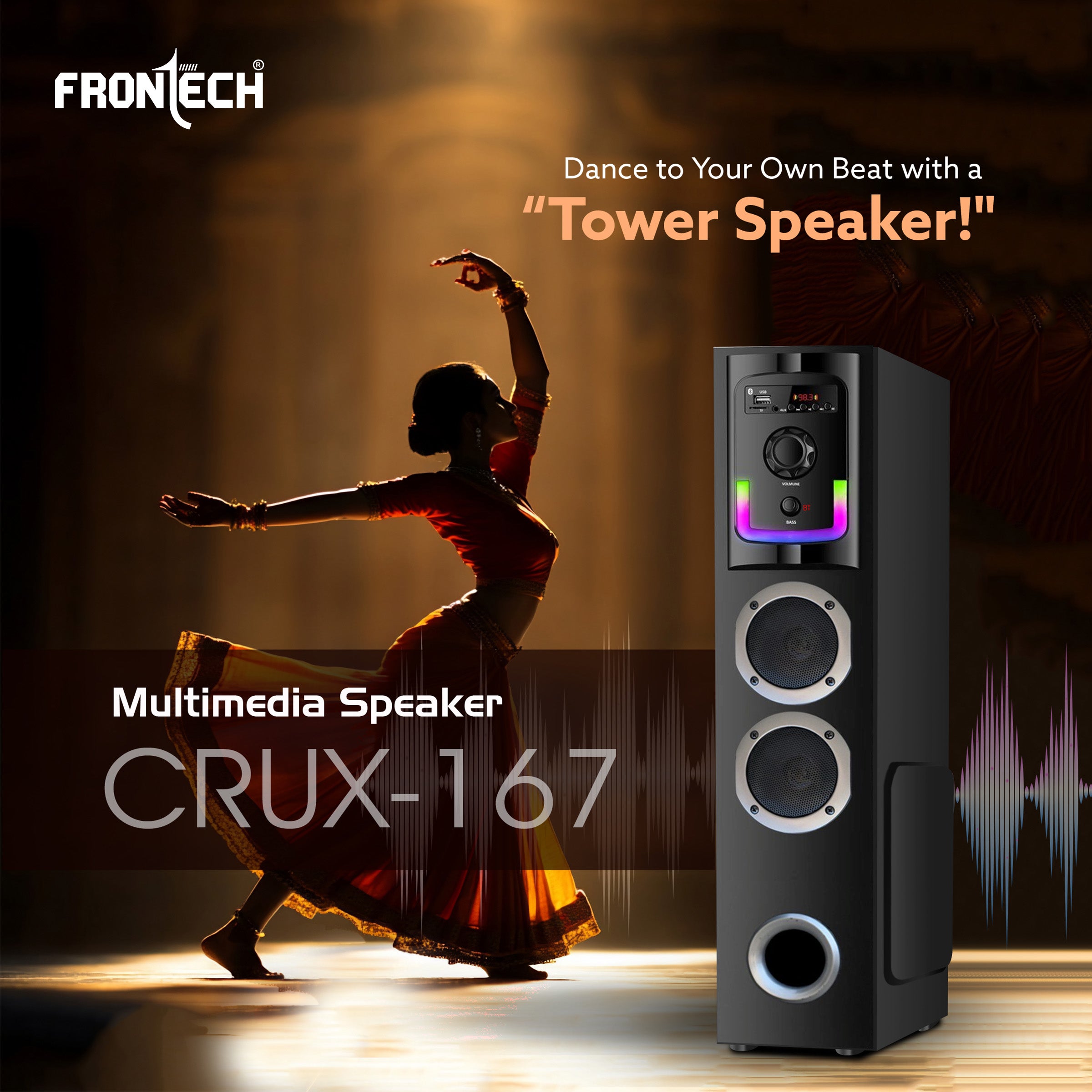 Frontech CRUX-167 60W Bluetooth Tower Speaker|1.0 Tower design | Wired Mic | RGB Lighting | Remote Control | Built-in FM Radio| BT Connectivity | USB | Karaoke, TV, PC & Smartphone Compatible (SW-0167)