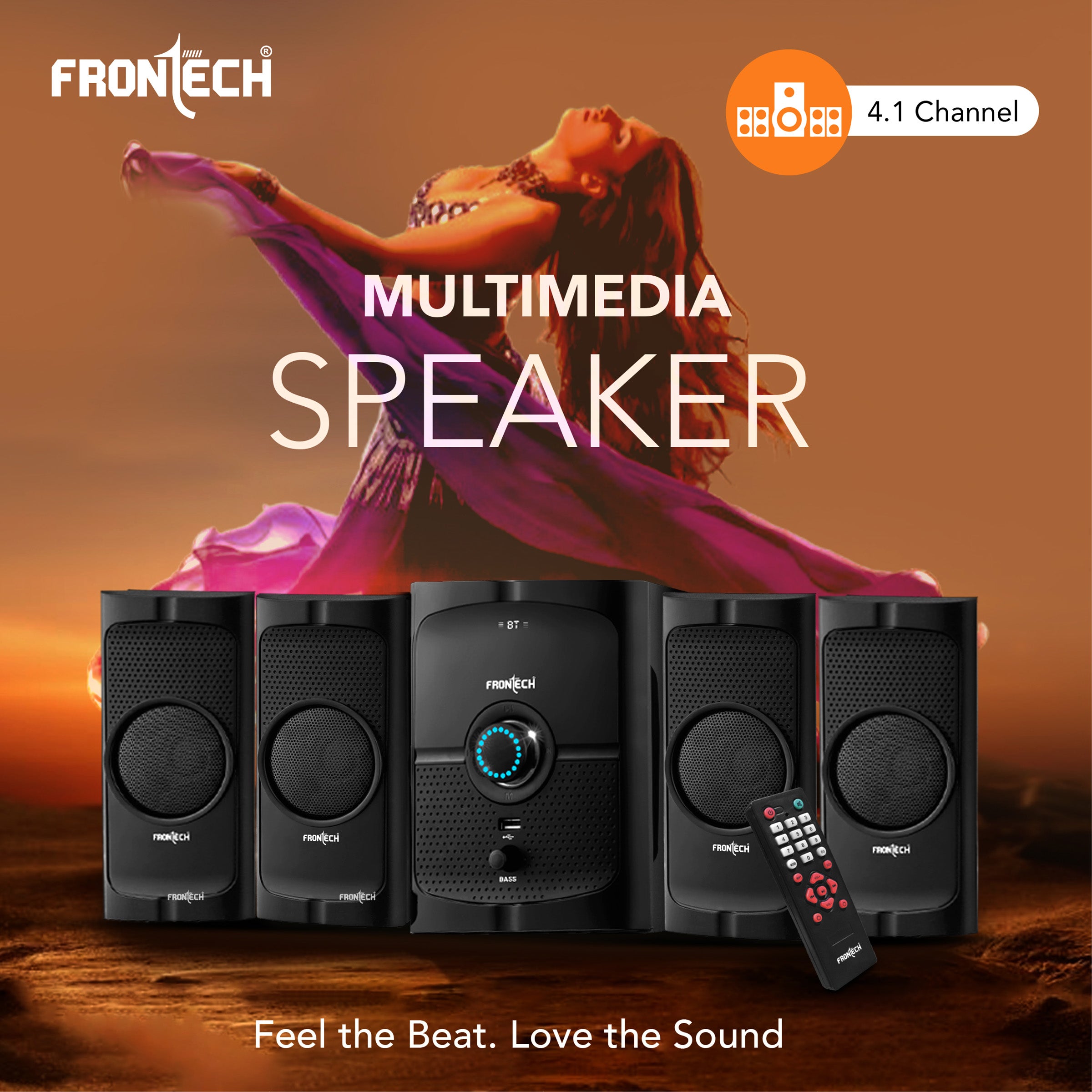 Frontech 4.1 Channel Multimedia Bluetooth Speaker System 60W, Bluetooth Connectivity, Wired Multimedia Computer Speaker, FM, Audio in Speakers, 20mm Subwoofer, Wide Compatibility (SW-0127)