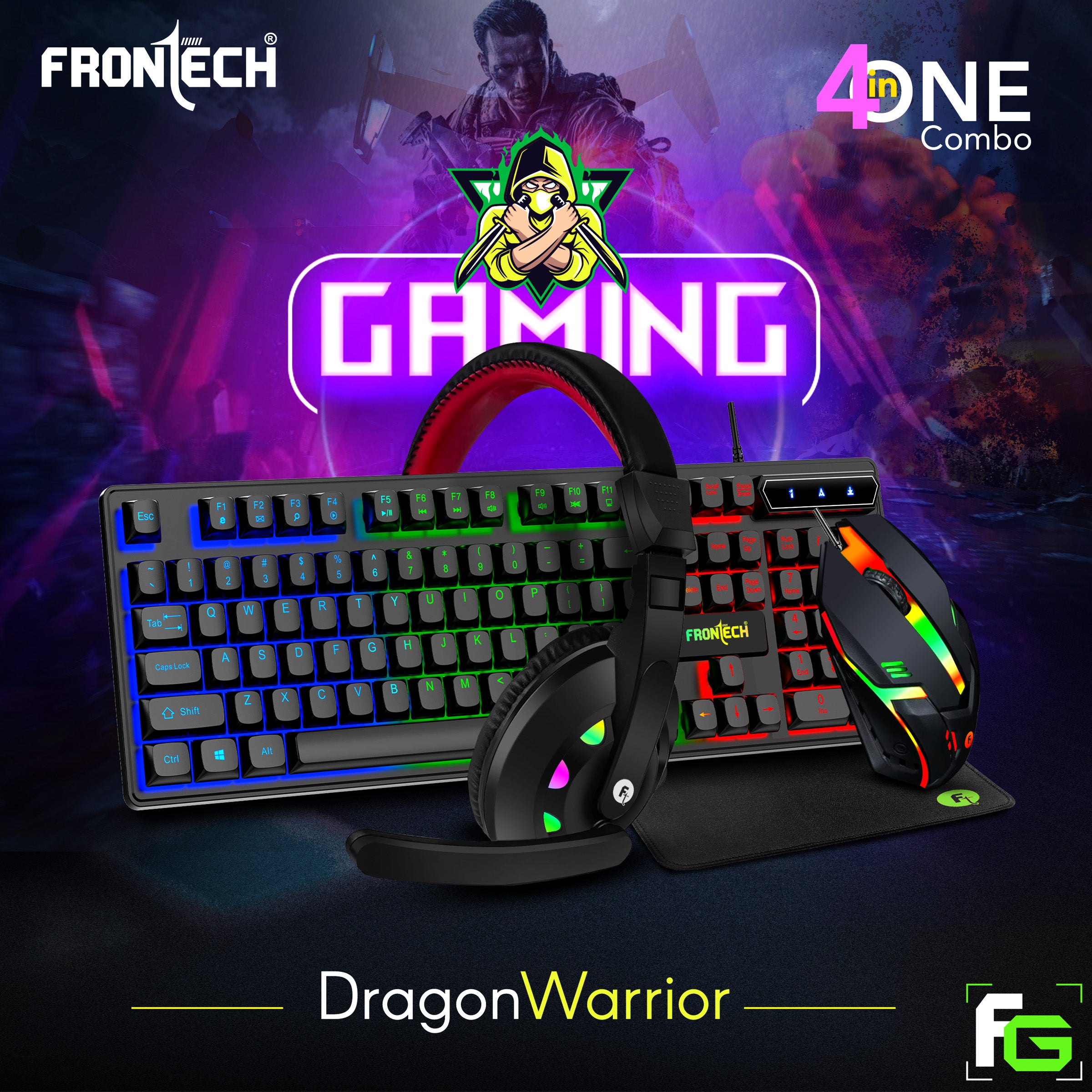 Frontech Dragon Warrior Gaming 4 in 1 Gaming Combo Set of Gaming Keyboard with RGB LED Backlit, Mouse with 1200 DPI, Mousepad and Premium Gaming Headphone, (KB-0038P, Black)